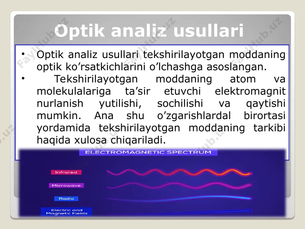 lashda eritmaga nh4oh ammoniy gidroksid ta’sir ettirib, cu2+ ionini intensiv zangori tusli kompleks ion — [cu(nh3)4]2+ ga o’tkaziladi. tekshirilayotgan rangli eritmada yorug’likning yutilishini o’lchab yoki rangining intensivligini aniqlanadigan ionning aniq konsentrasiyali eritmasi rangining intensivligiga solishtirish yo’li bilan analiz qilinayotgan eritma tarkibidagi rangli modda konsentrasiyasi aniqlanadi. eritma rangining intensivligi bilan undagi rangli ion (yoki modda) miqdori orasidagi borlanish buger-lambert-ber qonuni bilan ifodalanadi. bu qonun quyidagi tenglama bilan ifodalanadi. jo’=jt.10-є٠s٠һ bu yerda jo’ —eritma orqali o’tgan yorug’lik oqimining intensivligi; jt — eritmaga tushayotgan yorug’lik oqimining intensivligi; є — yorug’likning yutilish koeffisienti, o’zgarmas kattalik bo’lib, u eritilgan modda (molyar yutilish koeffisienti) tabiatiga borliq; s — rangli moddaning eritmadagi molyar konsentrasiyasi; h — yorug’liknn yutuvchi eritma qatlamining balandligi (qalinligi), sm. buger-lambert-ber qonunining fizik ma’nosi quyidagicha: eritmalarning rangi bir xil bo’lsa, shuningdek ularning konsentrasiyalari va qavatlari qalinliklari o’zaro teng bo’lsa (eritmalar holatiga ta’sir etuvchi boshqa faktorlar ham bir xil bo’lsa) ikkala eritmaga to’shayotgan yorug’likning teng …
