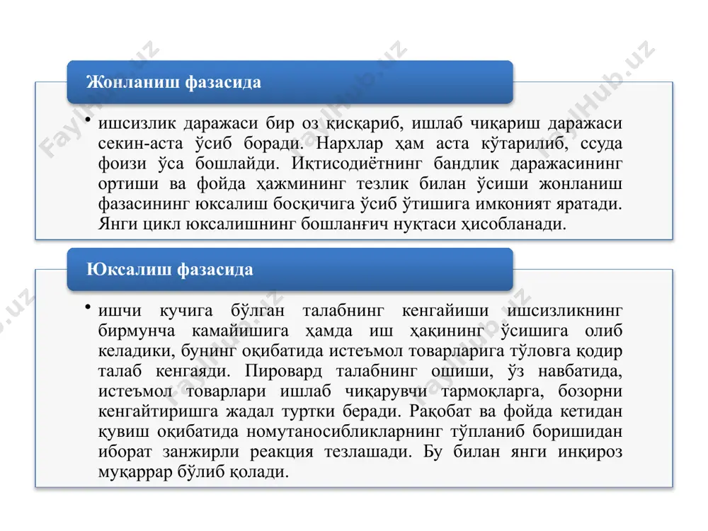 ҳисса қўшган клемент жуглар (1819-1905 йй.) номи билан аталади. биринчи саноат цикли 1825 йили англияда металлургия ва бошқа етакчи тармоқларда машинали ишлаб чиқариш ҳукмрон мавқени эгаллаган даврда кузатилади. 1836 йилдаги инқироз дастлаб англияда бошланиб, кейин ақшга ҳам тарқалади, 1847-1848 йилларда ақш ва қатор европа давлатларида бошланган инқироз туб моҳиятига кўра биринчи жаҳон саноат инқирози бўлган. кузнец цикли кўп ҳолларда «қурилиш цикли» деб ҳам номланиб, 20 йилгача бўлган иқтисодий тебранишлар билан аниқланади. саймон кузнец ўзининг «миллий даромад» (1946 й.) номли китобида миллий даромад, истеъмол сарфлари, ишлаб чиқариш мақсадидаги ускуналар ҳамда бино ва иншоотларга ялпи инвестициялар кўрсаткичларида 20 йиллик ўзаро боғлиқ тебранишлар мавжуд бўлишини кўрсатиб берган. 1955 йилда америкалик иқтисодчининг хизматларини тан олиш рамзи сифатида саноат циклини кузнец цикли деб номлашга қарор қилинади. кондратьев цикли «узоқ тўлқинлар» цикли деб ҳам аталади. цикллиликнинг бу назариясини ишлаб чиқишга рус олими н.д.кондратьев катта ҳисса қўшган. унинг тадқиқоти англия, франция ва ақшнинг 100-150 йил давомидаги ривожланишини …