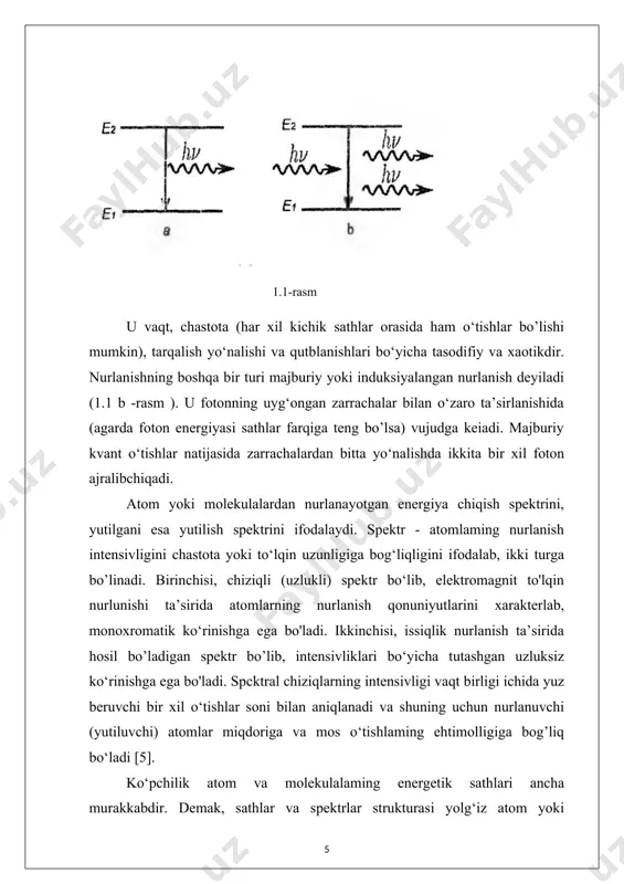 ibini va kerakli element miqdorlarini optika sohasining sifat va miqdoriy tahlili qilish usuli yordamida aniqlash mumkin. bunday tadqiqotlar geologiya sohasida katta ahamiyatga egadir. spektrlarning tahlili asosida atomlaming yoki molekulalarning tuzilishi, ularning energetik sathlarining strukturasi hamda molekulalaming harakatchanligi haqida mulohaza yuritish mumkin. spektrlarning atom yoki molekulalarga ta’sir etuvchi maydonlarga bog‘liqligini bilgan holda zarrachalaming o‘zaro joylashishlari haqida ma’lumotlar olinadi, chunki qo‘shni atomlar o‘z elektromagnit maydonlari vositasida ta’sirlashadilar[2]. energetik sathlar va ularni hosil qilishda invers bandlik hosil qilish usullarini ko‘rib chiqaylik. invers bandlik - yuqori energetik sathda elektronlarni soni pastdagiga nisbatan ko‘p bo‘lishi () ga aytiladi. ikki sathli tizimda turg‘un invers bandlikni hosil qilib bo’lmaydi. haqiqatan ham, yuqori sathga rezonans nurlanish yordamida zarralar chiqarilayotgan bo‘lsa: ( 1.2) bo’ladi va nurlanish jarayonlarining ehtimolliklari o'zaro tenglashadi hamda invers bandlik olish mumkin bo‘lmay qoladi. bu yerda va atom sistemasining bir xil energiya sathlariga ega bo'lgun karrali sonini ifodalovchi kattaliklar. rezonans nurlanish - birinchi uyg‘ongan asosiy sathlar …