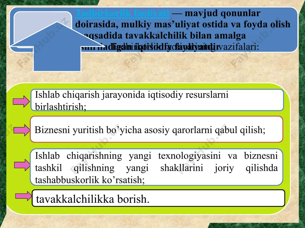 ida bo’lib, foyda olish mumkin bo'lgan barcha moddiy resurslar, mahsulotlar va pul mablag'lari tadbirkorlik kapitali deb hisoblanadi. 18 kapitalning nafliligi esa quyidagilar orqali namoyon bo’ladi. 1 ko'plab turdagi va ​​mikdordagi nafliliklarni (tovar va hizmatlarni) olishda; 2 ishchi kuchining ish bilan bandligini ta'minlashda; 3 qisman qiymatning tashkil topishida, ya’ni shkillantiradi; 4 eng muhimi, qo'shimcha mahsulotni o’zgartirishda. kapital ikki hil xususiyiyatga ega bo’lib, uning qiymati – ko’pchilikka ma'lum bo'lganidek, bu kapitalni ishlab chiqarishga sarflangan ijtimoiy zaruriy mehnat sarfidan iboratdir. kapital o’zining aylanish tavsifiga ko’ra ikki qismga: asosiy va aylanma kapitalga bo’linadi. asosiy kapital – ishlab chiqarish jarayonida bir nеchta doiraviy aylanishlar davomida qatnashadi, o’zining qiymatini tayyorlanayotgan mahsulotga (xizmatga) bo’lib-bo’lib, asta-sеkinlik bilan o’tkazib boradi va bir nеcha yillik xizmat muddati davomida ashyoviy-buyum shaklini o’zgartirmaydi. 2 usulda eskiradi (jismoniy va ma’naviy) aylanma kapital – bir doiraviy aylanish davomida to’liq istе’mol qilinadi, o’zining qiymatini ishlab chiqarish natijalariga to’liq o’tkazadi va ashyoviy-buyum shaklini ham yo’qotadi. agrar …