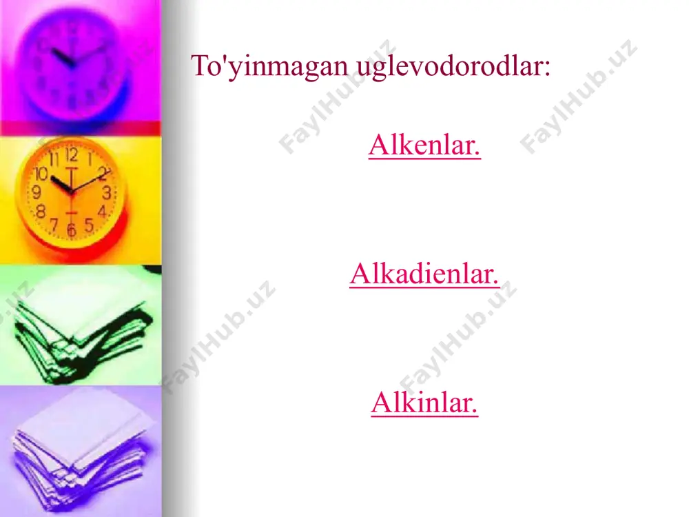 terpenlar, limonen, turpentin. o'shandan beri bu jarayon olim sharafiga nomlangan - vagner reaktsiyasi. 14 alkenlarni olish. 1) c 16 h 34 neft mahsulotlarini kreking --- c 8 h 18 + c 8 h 16 ( t ) 2) alkanlarni gidrogenlash (de + gidrogenlash + gidrogenlash = olib tashlash + vodorod + + harakat ) cnh 2 n+ 2 → cnh 2 n + h 2 ( t, kat.) vodorodni yo'q qilish. 3) alkinlarning gidrogenlanishi cnh 2 n- 2 + h 2 → cnh 2 n (kat. ni, pt ) 4) spirtlarning suvsizlanishi ( t, kat:h 2 so 4 , h 3 po 4 , al 2 o 3 , zncl 2 ) ch 3 -ch 2 oh →ch 2 \u003d ch 2 + h 2 o (170, h 2 so 4) kons.) spirtli ichimliklarni suvsizlantirish jarayonida vodorod atomi eng kam miqdordagi vodorod atomlari bilan bog'langan uglerod atomidan ajralib chiqadi (a.m.zaytsev …
