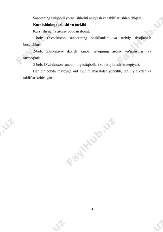 dan keyingi davrda iqtisodiyotni xom ashyo eksportiga qaramlikdan chiqarish va qayta ishlovchi sanoatni rivojlantirishga alohida e’tibor qaratildi. 1.1.1-rasm.viloyatlarda sanoatning rivojlanishi[footnoteref:1] [1: https://www.google.com/url?sa=i&url=https%3a%2f%2fyuz.uz%2fuz%2fnews%2fhududlarda-sanoat-rivoji-kongildagidekmi ] 2024-yil yakunlariga ko‘ra, o‘zbekiston sanoat ishlab chiqarish hajmi 885,8 trillion so‘mni tashkil etdi va bu ko‘rsatkich avvalgi yilga nisbatan o‘sishga erishganini ko‘rsatmoqda. ahamiyatlisi, ishlab chiqarilgan mahsulotlarning katta qismi, ya’ni 85,1 foizi qayta ishlovchi sanoatga to‘g‘ri keladi. bu esa mamlakatda yarim tayyor va tayyor mahsulot ishlab chiqarishga urg‘u berilayotganini tasdiqlaydi. metallurgiya, to‘qimachilik, oziq-ovqat, farmatsevtika va mashinasozlik tarmoqlari sanoatning yetakchi yo‘nalishlari sifatida ajralib turibdi. prezident shavkat mirziyoyevning sanoatga oid qaror va farmonlari sohaning chuqur isloh qilinishida muhim o‘rin tutmoqda. jumladan, “2022–2026 yillarga mo‘ljallangan yangi o‘zbekiston taraqqiyot strategiyasi” doirasida sanoat mahsulotlari ishlab chiqarish hajmini 1,4 barobar oshirish, sanoat tarmoqlarini diversifikatsiyalash va texnologik modernizatsiya qilish choralari belgilangan. shuningdek, “o‘zbekiston – 2030” strategiyasida sanoatda yuqori texnologiyali mahsulotlar ulushini keskin oshirish va raqamli sanoat infratuzilmasini kengaytirish bo‘yicha aniq vazifalar qo‘yilgan. ayni paytda sanoatning …