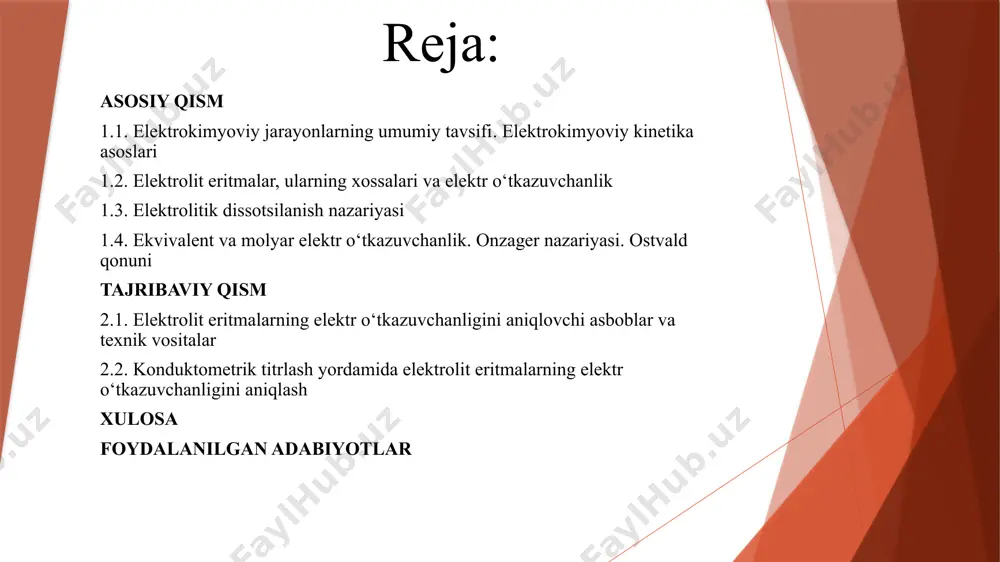erigan holda ionlarga ajraladigan moddalardan tashkil topgan eritmalardir. elektrolitlar o'z ichiga kationlar (musbat zaryadlangan ionlar) va anionlar (manfiy zaryadlangan ionlar)ni oladi. ular suvda yoki boshqa polarly erituvchilarda eriganida, ular molekulalarga emas, balki ionlarga ajralib, elektr tokini o'tkazishga qodir bo'ladilar. elektrolitlar ikkita asosiy turga bo'linadi: kuchli elektrolitlar — bu moddalar to'liq ionlarga ajralib, elektrolit sifatida samarali ishlaydi. masalan, tuzlar (nacl), kislotalar (hcl) va asoslar (naoh). kuchsiz elektrolitlar — bu moddalar qisman ionlarga ajralib, lekin juda kam miqdorda. masalan, sirka kislota (ch₃cooh) yoki ammoniy gidroksid (nh₄oh). elektrolit eritmalar o'zining ionlarini harakatlantirish orqali elektr tokini o'tkazadi, bu xususiyat ular bilan bog'liq ko'plab kimyoviy jarayonlar va biologik faoliyatlarda muhim rol o'ynaydi. kuchli elektrolitlar-kuchli kislota va kuchli asosdan tashkil topgan tuzlar hisoblanadi. kuchli kislota va kuchli asoslar ham kuchli eketrolitlar hisoblanadi. kuchsiz elektrolitlar-kuchsiz kislota va kuchsiz asosdan tashkil topgan tuzlar hisoblanadi. kuchsiz kislota va kuchsiz asoslar ham kuchsiz elektrolit hisoblanadi. distillangan suv ham kuchsiz elektrolitdir. …