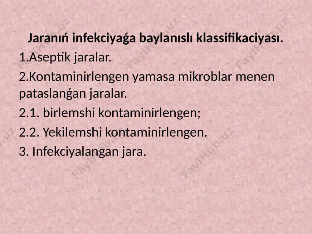 qıylı aymaqlar hám organlardıń jaraları óz belgileri boyınsha uqsas bolıp, jara procesiniń rawajlanıwı hám ótiwiniń ulıwma nızamlılıqlarına iye. jaraxat procesiniń klinikalıq ótiwi jaraqatlanıw zonası, jaranıń mikroblar menen pataslanıw dárejesi, organizmnin immunologiyalıq ózgeshelikleri menen belgilenedi hám ádette jaranıń pitiwi menen tamamlanadı. klinikalıq praktikada uzaq uaqıt i. g. rufanov (1954) klassifikaciyası basım bolıp, ol jara procesin eki fazaǵa bóledi: birinshi faza - gidrataciya, jaranı óli tkanlardan tazalaw; ekinshi faza - degidrataciya, granulyaciya hám regeneraciya fazası, ol tkanlardıń degidrataciyası menen xarakterlenedi. házirgi waqıtta r.ross (1968) tárepinen usınılǵan jaraxat procesiniń ótiwiniń klassifikaciyası ulıwma qabıl etilgen hám uluwma itibarǵa iye bolıp, ol úsh fazanı ajıratadı: 1. isiniw fazası. 2. proliferaciya fazası. 3. qayta shólkemlestiriw basqıshi. ekinshi faza - proliferativ faza jaraqat berilgennen keyin 3-4 kúnnen baslanadı. jaraqatlanganda kletka hám toqimalar qansha az jaraqatlangan bolsa, ol sonsha qısqa boladı. fibrin jergilikli fibrinolizge ushırap, kapillyar hám jańa payda bolǵan kollagen talshıqlar menen almastırıladı. bunda tez kóbeyetuǵın kapillyarlar …