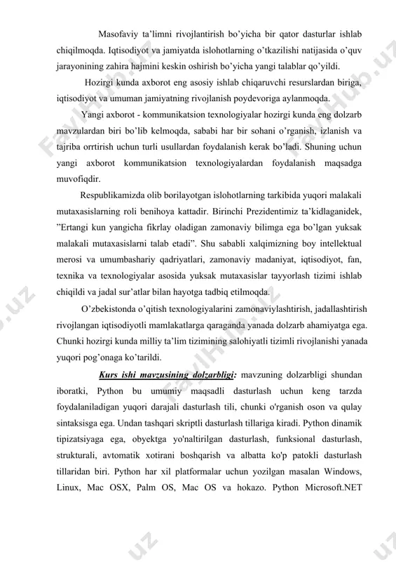 asturlash tili imkoniyatlari va sintaksisi python dasturlash tili sintaksisi o`zi kabi juda sodda: satr oxiri instruksiyaning oxiri hisoblanadi (nuqta vergul shart emas) pythonda sintaksis juda sodda tuzilishga ega. quyida “salom dunyo” gapini ekranga chiqaruvchi kod ko’rsatilgan: 1-rasm quyida “salom dunyo” gapini ekranga chiqaruvchi kod ko’rsatilgan har bir qator boshidagi bo`sh joy(отступ) muhim ahamiyatga ega. kiritilgan amallar bo`sh joylarning kattaligiga qarab bloklarga birlashadi. bo`sh joy istalgancha bo`lishi mumkin asosiysi bitta kiritilgan blok chegarasida bo`sh joy bir xil bo`lishi kerak. noto`g`ri qo`yilgan bo`sh joylar xatolik yuz berishiga olib kelishi mumkin. bitta probel bilan bo`sh joy hosil qilish yaxshi qaror emas uni o`rniga to`rta probel yoki tab belgisini ishlatish kerak. odatda dasturlash tillarida abzats kodni oson o’qilishi uchun ishlatiladi. ammo pythonda abzats kodning blokini ajratib ko’rsatadi. misol keltiramiz: 2-rasm pythonda abzats kodning blokini ajratib ko’rsatish agar kodimizni mana bunday tarzda yozsak dasturda xatolik yuz beradi: 3-rasm pythonda kodni hato yozsak oynada shunday ko’rinadi …