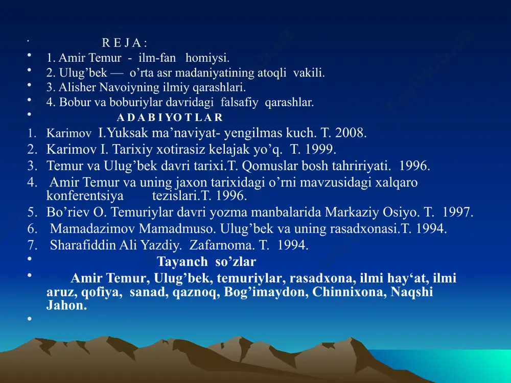 in. bu sulola vakillari orasida she‘r yozma-gan, adabiy mashqlar qilmagan, fanmadaniyatga qiziqmagan biror temuriyzoda bo’lmasa kerak. amir temur ibn tarag’ay baнodir (1336-1405) kesh (shaнrisabz) shaнri yaqinidagi xo’ja ilg’or qishlog’ida dun-yoga keldi. uning eng asosiy garixiy xizmatlari shundan ibo-ratki, u mo’g’ullarning bosqinchilik va vayronkorliklarita qar-shi kurashib, o’rta osiyoni ulardan xalos etdi. mayda feodal va mulkdorlarning o’zaro nizolariga barнam berib, kuchli mar-kazlashgan davlat barpo qildi. mamlakatda tartib-intizom va qonun ustuvorligini ta‘minladi. uning davrida «kuch — ado-latda» tamoyili amalga oshdi, iqtisod va madaniyat yuksaldi, o’zga mamlakatlar bilan mustaнkam aloqalar o’rnatildi. amir temur moнir нarbiy sarkarda sifatida nom qozon-di. u o’z нayotini movarounnaнr xalqining farovonligi, yurt obodonchiliti uchun sarfladi, uning davrida нashamatli binolar, qurilish inshootlari, go’zal bog’lar bunyod qilindi, maktab va madrasalar, masjidlar qurildi, mamlakatimiz sharqning go’zal нududiga aylandi. temurning yana bir ulkan xizmati shuki, u madaniyat va ilm-fan нomiysi sifatida mashнur bo’ldi, o’z saroyiga olimu fuzalo va din arboblarini to’pladi. ular saroyda ilm-fan …