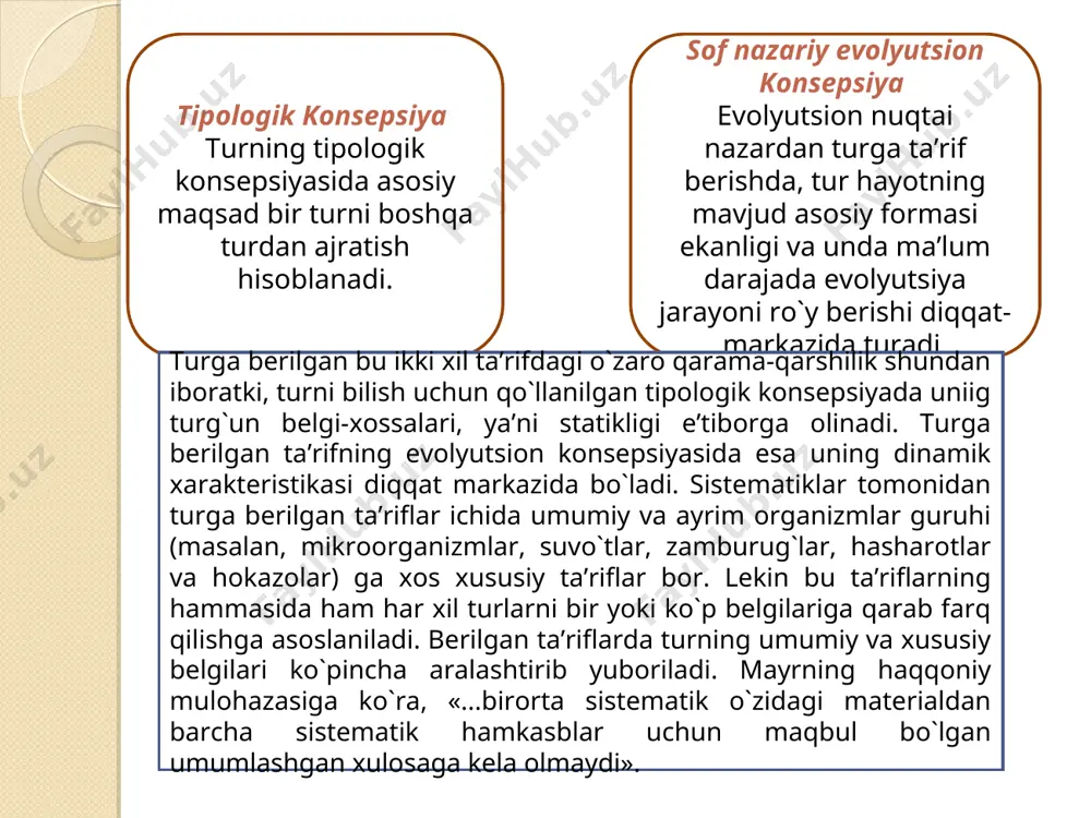 chatishishi va nasl berishi mumkin. bu o‘z-o‘zidan fiziologik mezon ham turlarning bir-biridan farq qilishi uchun yetarli emasligini ko‘rsatadi. fiziologik mezon har xil turga kiruvchi organizmlar o‘zining kimyoviy tarkibi, oqsil, uglevod, peptidlar, nuklein kislotalar va boshqa organik moddalari bilan farq qiladi. lekin asosiy farq har bir tur uchun xos irsiy material dnk molekulalari va hujayradagi oqsillarning sifati va miqdorining o‘ziga hosligidadir. organizmlarning qaysi turga kirishini aniqlash uchun ulardagi nuklein kislotalari farqini belgilash hal qiluvchi ahamiyatga ega bo‘lishi mumkin. biokimyoviy mezon geografik mezon tur tarqalgan hudud katta yoki kichik, har joyda yoki yoppasiga bo‘lishi mumkin. ba’zan esa ikki, uch turning areali o‘xshash bo‘lishi yoki ba’zi turlarning ishg‘ol qilgan areali nihoyatda keng maydonni egallashi mumkin. bu esa o‘z navbatida geografik mezon boshqa mezonlar kabi turning o‘ziga xos belgisi bo‘la olmasligidan guvohlik beradi. ekologik mezon mazkur mezon ostida har bir turga kiruvchi organizmlarning konkret muhit sharoitida yashashi, unga moslashganligini tushunish lozim. masalan, dalalar, o‘tloqzorlarda …