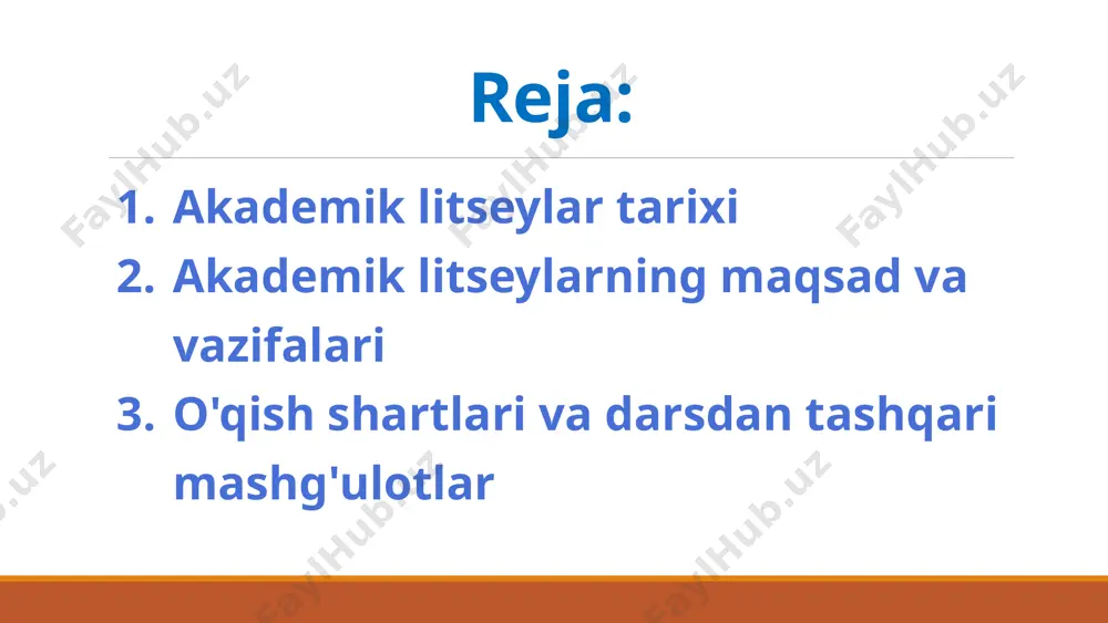 ilish talablari va tanlovi kirish imtihonlari abituriyentlar bilim va qobiliyatlarini baholovchi maxsus testlardan o‘tadilar. akademik taraqqiyot oldingi maktabda yuqori baholar qabul qilishning muhim mezoni hisoblanadi. yutuqlar portfeli olimpiadalar, tanlovlar, ilmiy ishlar va boshqa yutuqlar hisobga olinadi. intervyu motivatsiya, etakchilik fazilatlari va umumiy intellektual daraja baholanadi. 7 o'qish shartlari va darsdan tashqari mashg'ulotlar zamonaviy infratuzilma litseylar ilg‘or o‘quv jihozlari va texnologiyalari bilan jihozlangan. murakkab dastur ixtisoslashgan fanlar bo'yicha kengaytirilgan va intensiv kurslar. individual yondashuv kichik sinflar va har bir talabaga shaxsiy e'tibor. darsdan tashqari mashg'ulotlar klublar, seksiyalar va qiziqish klublarining keng doirasi. 8 bitiruvchilarning muvaffaqiyatlari va yutuqlari olimpiadadagi g'alabalar litsey o‘quvchilari xalqaro intellektual musobaqalarda muntazam yuqori natijalar ko‘rsatib kelmoqda. eng yaxshi universitetlarga qabul bitiruvchilarning aksariyati o‘zbekiston va jahonning yetakchi oliy o‘quv yurtlariga muvaffaqiyatli o‘qishga kiradi. karyera fundamental tayyorgarlik tufayli bitiruvchilar turli sohalarda muvaffaqiyatlarga erishmoqda. 9 akademik litseylarning rivojlanish istiqbollari va rejalari tarmoqni kengaytirish o‘zbekiston viloyatlarida yangi litseylarning ochilishi infratuzilmani modernizatsiya qilish …