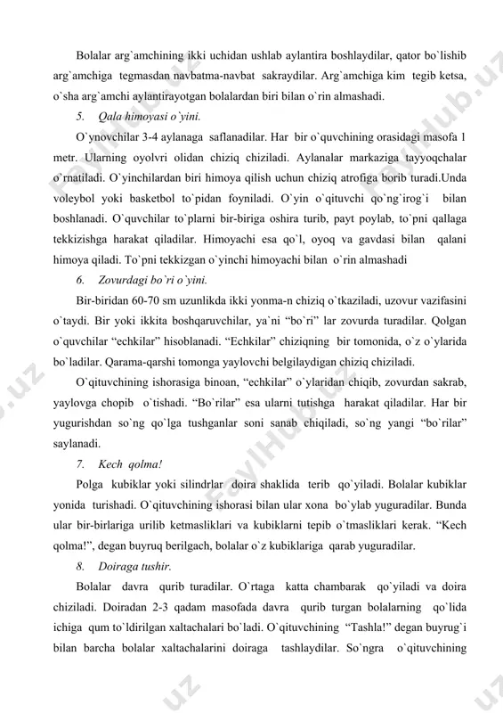 turadilar. o`rtaga katta chambarak qo`yiladi va doira chiziladi. doiradan 2-3 qadam masofada davra qurib turgan bolalarning qo`lida ichiga qum to`ldirilgan xaltachalari bo`ladi. o`qituvchining “tashla!” degan buyrug`i bilan barcha bolalar xaltachalarini doiraga tashlaydilar. so`ngra o`qituvchining “xaltachalarni ko`tarib oling!” degan buyrug`i bilan bolalar xaltachalarini olib, o`z joylariga kelib turadilar. o`yin 4-6 marotaba takrorlanadi. 9. o`rmondagi ayiq. maydonning bir tmonida ayiq ini chizib qo`yiladi. ikkinchi tomonda bolalar yashaydigan uy aks ettiriladi. o`qituvchi inida o`tiradigan “ayiq” ni tanlaydi. o`qituvchi: “bolalar, boringlar o`ynab kelinglar!” deyishi bilan bolalar uydan chiqib. o`rmonga o`ynagani ketadilar. qo`ziqorin teradilar, kapalak tutadilar va hokazo... ular xor bo`lib shunday deydilar: ayiq ini oldida, qo`ziqorin teramiz. ayiqvoy o`kirganda bizlar qochib ketamiz. “o`kirganda” so`zidan so`ng “ayiq” o`ylariga qochib ketayogan bolalarni tuta boshlaydi. “ayiq” ning qo`li tekkan bola tutilgan hisoblanadi, uni o`z iniga olib borib quyadi. o`z chegarasidan o`tgandan keyin bolalarni ushlash mumkin emas. o`yin 3-4 marotaba takrorlanadi. 10. “kim birinchi?” o`yini. ikkita stulning o`rtasiga …
