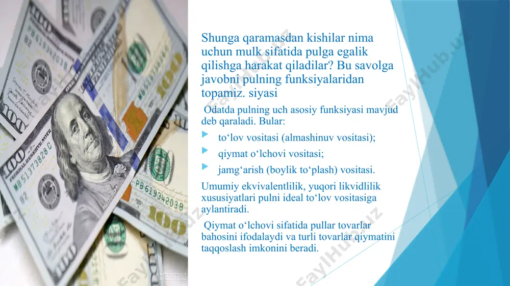 lar uchun ma’lum miqdorda naqd pullarni saqlash) .spekulyativ sabab (foyda olish maqsadida qimmatli qog‘ozlar sotib olish uchun pulga talab) spekulyativ sabab foiz stavkasi bilan obligatsiyalar kursi o‘rtasidagi teskari bog‘liqlikka asoslanadi. agar foiz stavkasi ko‘tarilsa, obligatsiyalar bahosi pasayadi, ularga talab esa oshadi. bu esa o‘z navbatida, naqd pul zahiralarining qisqarishiga hamda naqd pullarga talabning pasayishiga olib keladi. pul likvidlilik xususiyatiga ega bo‘lganligi uchun ham aholi uni saqlashni afzal biladi. likvidlilikning afzalligi nazariyasi ko‘rsatadiki pulga bo‘lgan talab miqdori foiz stavkasiga bog‘liq. foiz stavkasi naqd pul vositalarini qo‘lda ushlab turishning muqobil xarajatlari miqdorini, ya’ni, siz foiz olib kelmaydigan naqd pullarni qo‘lda ushlab turgan sharoitda yo‘qotadigan pul miqdorini bildiradi. 4. pul taklifi, bank multiplikatori. pul taklifi (m) o‘z ichiga bank tizimidan tashqaridagi naqd pullar (с) va zarur bo‘lganda (d) iqtisodiy agentlar bitimlar uchun ishlatishi mumkin bo‘lgan depozitlarni oladi: m = с+d. aksariyat mamlakatlarda davlat pul chiqarishda monopol huquqqa ega. uni amalga oshirish huquqi nisbatan …