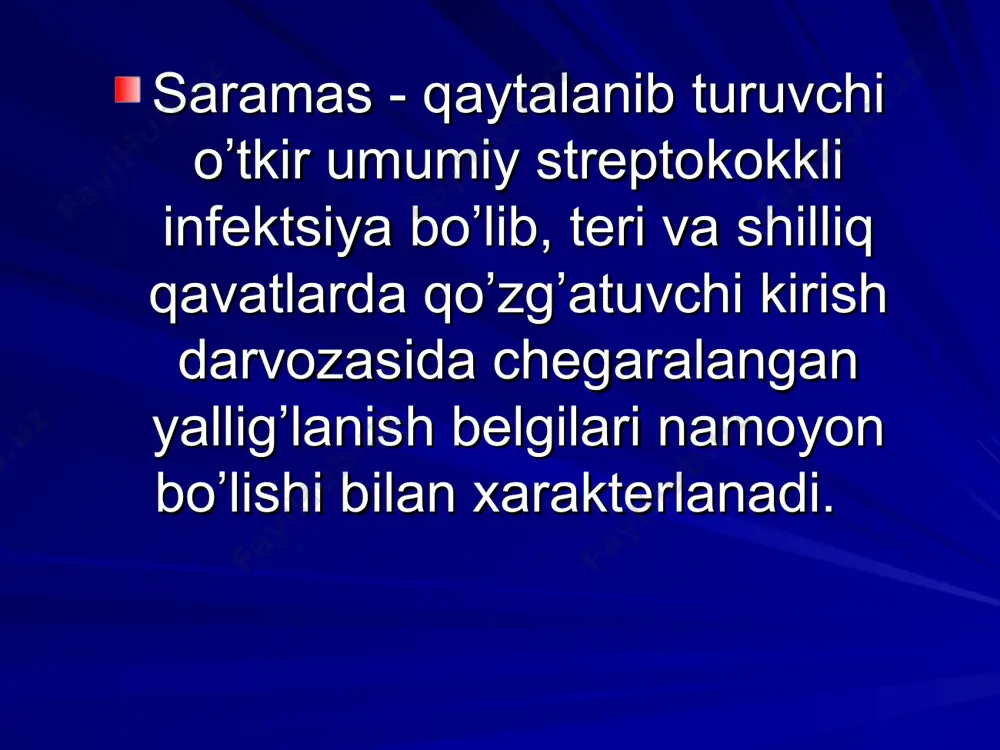 ntaksikatsiya sindromi 5.maxalliy o’zgarishlarning rivojlanishi(qizarish, shish,pufаk) 6. maxalliy o’zgarishlarning quloq yuzda vа pastki muchalarda bulishi. 7.tinch holatlarda yallig’lanish o’choqlarida qattiq og’riqlarbing bo’lmasligi. 8. regionar limfadenitning rivojlanishi. laboratoriya tashxisot spetsifik usullar bakteriologik-zararlangan o’choqdan olingan materialda sga aniqlanishi. ekspress usul-(koaglyutinatsil reaktsiasiga asoslanib) quydagi matetiallrda sga antigenining aniqlanishi (burun va og’iz xalqumdan olingan shilliq yaradan chiqqan ajralma) 30 min. davomida. nospetsifik usul gemotologik qon taxlilida kasallik o’tkir davrida leykotsitoz neytrofilez echt oshishi kuzatiladi. * taxminiy davolash tizmasi 1. etiotrop davo vositalari(benzilpenitsillin, oksatsilin, ampitsillin, biseptol) 2. patogenetik davo vositalari: 2.1 kuchlantiruvchi preparatlar ( metiluratsil, pirogenal, prodiogiozan, autogemoterapiya, levomizol) 2.2gormonoterapiya ( prednizolon) 2.3 qon tomirlar o’tkazuvchanligini susaytirish maqsadida askorbinat kislotasi, rutin, askorutin 2.4 vitaminoterapiya: b gurux vitaminlari, "pangeksavit", "bemiks s", mul'tivitaminlar. 2.5 umumiy zaxarlanishga qarshi: gemodez, reopoliglyukin, 5% glyukoza, fiziologik eritma, vena ichiga. 2.5 maxalliy davo vositalari: rivanol, furatsilin eritmalari jaroxat yuzasiga tavsiya qilinadi.