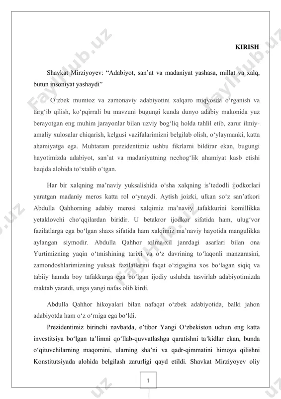 abdulla qahhor hayoti va ijodiy merosining oʻrganilishini shartli ravishda ikki davrga boʻlib oʻrganish maqsadga muvofiq keladi. abdulla qahhor hayoti va ijodi davomida turli hayot uchun muhim hisoblangan va namuna bo’lgan asarlarni yozgan. 1. yakka hokim mafkuraviy-adabiy siyosat hukmron boʻlgan davr. 2. mustaqillik davri. yakka hokim mafkuraviy-adabiy siyosat hukmron boʻlgan davrlarda g‘afur g‘ulom hayoti va ijodi oybek, hamid olimjon, homil yoqubov, salohiddin mamajonov, matyoqub qoʻshjonov, naim karimov, ozod sharafiddinov, baxtiyor nazarov, umarali normatov, niniel vladimirova, sobir mirvaliyev, solih qosimov, berdiali imomov, marhamat amilova, sharif yusupov, qozoqboy yoʻldoshev, abdug‘afur rasulov, hamidulla boltaboyev, tozagul matyoqubova va boshqa oʻnlab olimlarning diqqatini jalb qilgan. mavzuning maqsadi: abdulla qahhor hayoti va ijodi, uning hikoyanavislik mahoratini oʻrganish. mavzuning vazifalari: kurs ishida mavzuning vazifalari sifatida quyidagilar belgilab olindi: · abdulla qahhor ning mohir hikoyanavis, taniqli nosir sifatida shakllanishi hamda mahoratini oshirib borishiga ta’sir etgan omillarni adabiy ta’sir va badiiy mahorat nuqtayi nazaridan oʻrganish; · yozuvchi nasriy merosining janriy …