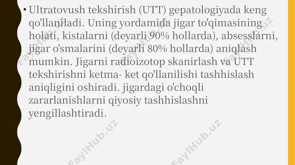 , exogenligi nogomogen oshishi – portal venulalar yaxshi ko'rinmasligi, izoexogen regeneratsiya tugunlari. jigar kichiklashishi bu faqat tsirrozga xos belgi. exogenligi boshida yog’li distrofiya, so'ng fibrotik o'zgarishlar tufayli oshadi. regeneratsiya tugunlari metastatik tugunlarga o'xshashi mumkin. angiografiya. 1) varikozlar embolizatsiyasi 2) angioarxitektonika va qon oqimi o'zgarishi 3) portokaval anastomozlar. jigar (oddiy) kistasi. rivojlangan mamlakatlarda uchrashi bo'yicha 2 o'rinda gemangiomadan so'ng, rivojlanmagan mamlakatlarda 3 o'rinda + exinokokkdan so'ng. uchrashi 2-7%, ko'proq keksa ayollarda. turlari: 1)ortirilgan (travma, yallig’lanish, parazitar kasallik, o'smadan so'ng 2) tug’ma. ko'p sonli bo'lishi mumkin. o'lchamlari 1-20 sm. sonografiya va kt ko'rinishi: yumaloq, chetlari aniq tekis, devori ko'rinmas, gipoexogen, gipotensiv (0+10n) gomogen tuzilma, +suyuklik-suyuklik gorizontal chegarasi, atrof to'qimalarda o'zgarish yo'q. distal ultratovush kuchayish simptomi, kt kontrast bilan – kontrast yig’maydi. gemangioma. jigar xavfsiz o'smalarini 75-80% tashkil qiladi, jigarga metastazlardan so'ng 2chi o'rinda uchraydi. ko'proq ayollarda (x5). ko'p sonli va boshqa a’zolarda birdaniga uchrashi mumkin. klinika: simptomsiz (50-70%), profuz qon ketish (5%), …