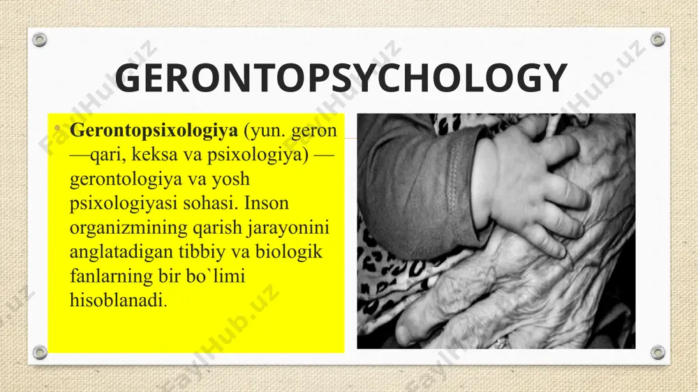 ronlik- bir xil yoshdagilarda ruhiy jarayonlarning turlicha namoyon bo`lishi. узоқ умр кўриш ва соғлиқ нимага боғлиқ? 10 % 20 % 20 % 50 % қариликни секинлаштирувчи механизмлар ҳаётга қизиқиш (ижобий эмоцияларни кўпайиши) жисмоний формани ушлаб туриш. нафас машқларини бажариш камкалориялик диета антиоксидантлар, витаминлар, минераллар keksayish davri 61 yoshdan 74 yoshgacha bo`lgan davrni o`z ichiga oladi. bu yoshdagi kishilar shaxslararo munosabatlarda boshqa yoshdagi kishilardan ajralib turadi. ularni shartli ravishda ikki guruhga bo`lish mumkin: 1) mutlaqo istefoga chiqqan, ijtimoiy faol bo`lmagan erkak va ayollar; 2) nafaqaga chiqqan erkak va ayollar, lekin ijtimoiy hayotning turli sohalarida faoliyat ko`rsatayotgan keksalar. keksalik davri 75-90 davrlarni o`z ichiga oladi. keksalar jismoniy va aqliy faollikka moyil hamda passiv turmush tarziga ko`nikkan qariyalar guruhiga ajratish mumkin. biologik qarish, psixik jarayonlar, holatlar, xususiyatlar va xatti-harakatlarda keskin o`zgarishlarni vujudga keltiradi. sezgi organlari zaiflashadi, asab tizimi kuchsizlanadi. ma`lumotlarni qabul qilish, ularni qayta ishlash, mohiyatini anglash hamda ongni biror bir obyektda uzoq …