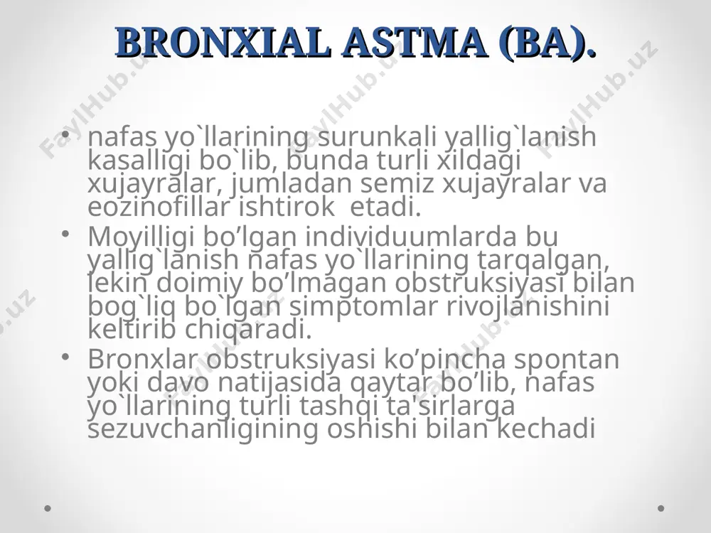 gilari, shilliq qavatining shishi, shilliq tiqin, silliq mushaklar giperplaziyasi, bazal membrana qalinlashishi va dezorganizasiyasi aniqlanadi. bronxial astmada endobronxial biopsiyada bronx epiteliysining ko’chishi, shilliq qavat eozinofil infiltrasiyasi ko`riladi. bronxlar yuvindi suvida ko`p miqdorda epitelial, semiz xujayralar, eozinofillar va limfositlar topiladi. klinika shikoyatlar va anamnez ekspirator xansirash va/yoki yo`tal xurujlari masofadan xushtaksimon xirillashlar eshitilishi ko`krak qafasida og`irlik xissi ob’ektiv ekspirator xansirash burun kataklarini nafas olganda kengayishi quzg`alish nafas aktida qo`shimcha mushaklar ishtiroki majburiy xolat perkussiyada: emfizema shakllanganda qutisimon perkutor tovush auskultasiyada: qurug` xushtaksimon va g`o`ngillovchi xirillashlar xamda nafas chiqarish fazasining uzayishi ba diagnostikasi va og`irlik darajasini aniqlash qaytalanuvchi xirillashlar epizodlari kechasi va erta tongda iztirobli yo`tal va xirillashlar jismoniy zo`riqishdan so`ng yo`tal va xirillashlar allergen yoki pollyutantlar bilan kontaktdan keyin yo`tal, xirillashlar yoki ko`krak qafasida og`irlik his qilish tumov, keyinchalik «ko`krakka tushadi» yoki 10 kundan ortiq davom etadi astmaga qarshi dorilar qabul qiladimi agar qabul qilsa, qancha vaqt oralig`ida mkoniyat bo`lsa nafas …
