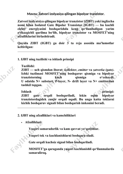 zatvori izolyasiya qilingan bipolyar tranzistor — DOCX
