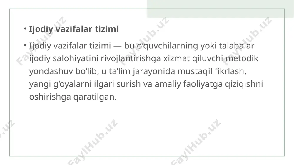 krlashda shablondan chiqadi. qiyin vaziyatlarda ijodiy yondasha oladi. kreativ qarorlar ishlab chiqish imkoniyati oshadi. o‘z fikrini asosli himoya qilish ko‘nikmasi shakllanadi. 18 qobiliyat turi triz pedagogikasi orqali qanday rivojlanadi? ijodiy fikrlash o‘quvchilarga muammo beriladi va ular mustaqil ravishda turli alternativ yechimlarni izlashadi. tizimli tahlil qilish trizdagi “muammo-yechim daraxti”, “ideal yakuniy natija” kabi vositalar orqali fikrlash chuqurlashadi. innovatsion tafakkur yangi g‘oya ishlab chiqishda mavjud modellardan chiqib ketish rag‘batlantiriladi. moslashuvchanlik o‘zgaruvchan sharoitlarda turli strategiyalarni tanlab qo‘llay olish ko‘nikmasi hosil bo‘ladi. jamoada ishlash aqliy hujum, guruhli muammolarni tahlil qilish orqali hamkorlik kuchayadi. qobiliyatlarni rivojlantirishda triz qanday ishlaydi? adabiyotlar 19 1.muslimov n.a., usmonboyeva m.h., sayfurov d.m., to‘rayev a.b. innovasion ta’lim texnologiyalari. o‘quv metodik qo‘llanma – t “sano standart” nashriyoti, 2015. – 81-b 2.muslimov n.a., va boshqalar. kasb ta’limi o'qituvchilarining kasbiy kompetentligini. 3.shakllantirish texnologiyasi. monografiya.“fan va texnologiy” nashriyoti, t.: 2013-. y. 300-bet. okhunov,m., & minamatov, y. (2021). application of innovative projects in. information systems. 4.european …