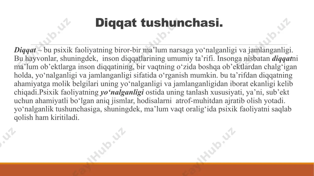 an ehtiyojlarga mos kelishi kiradi. masalan: kornimiz och paytida biror mazali hid beixtiyor diqqatimizni o`ziga jalb etadi. agar qornimiz to`q bo`lsa, bu hidni payqamasligimiz ham mumkin. bu toifadagi sabablarga maroqlilik hamda jozibadorlik kiradi. agar o`qituvchining gapirayotgan gapi har xil hissiyotlarni tug`diruvchi tasavvurlarni almashtirib tursa, o`quvchilarning diqqatlari so`saymaydi. bunday diqqatni emotsional diqqat deb atashimiz mumkin. muvofiqlashtirilgan ixtiyoriy diqqatni ixtiyorsiz diqqat bilan almashtirib bo`lmaydi. chunki muvofiqlashtirilgan ixtiyoriy diqqat ongli suratda ko`zlangan maqsadlar bilan bog`liq bo`ladi va ongli qiziqishlar qo`llab turiladi. ikkinchi tomondan muvofiqlashtirilgan ixtiyoriy diqqat sof ixtiyoriy diqqatga o`xshamaydi, chunki muvofiqlashtirilgan ixtiyoriy diqqat paytida irodaviy zo`r berish deyarli bo`lmaydi. shuning uchun diqqatning bu maxsus turi ixtiyorsiz diqqatga nisbatan sifat jihatidan farq qiladi. diqqatning xususiyatlari. diqqatning o`ziga xos xususiyatlariga uning kuchi va barqarorligi, bo`linishi, kulami, parishonxotirlik, taqsimlanishi kabilar kiradi. dastavval diqqatning barqarorligidan iborat bo`lgan tomonini ajratib ko`rsatish kerak. biz ma`lum vaqt oralig`idagi diqqat to`lqini haqida gapirishimiz mumkinmi? ayrim tadqiqotchilar diqqatning davomiyligini sof biologik …