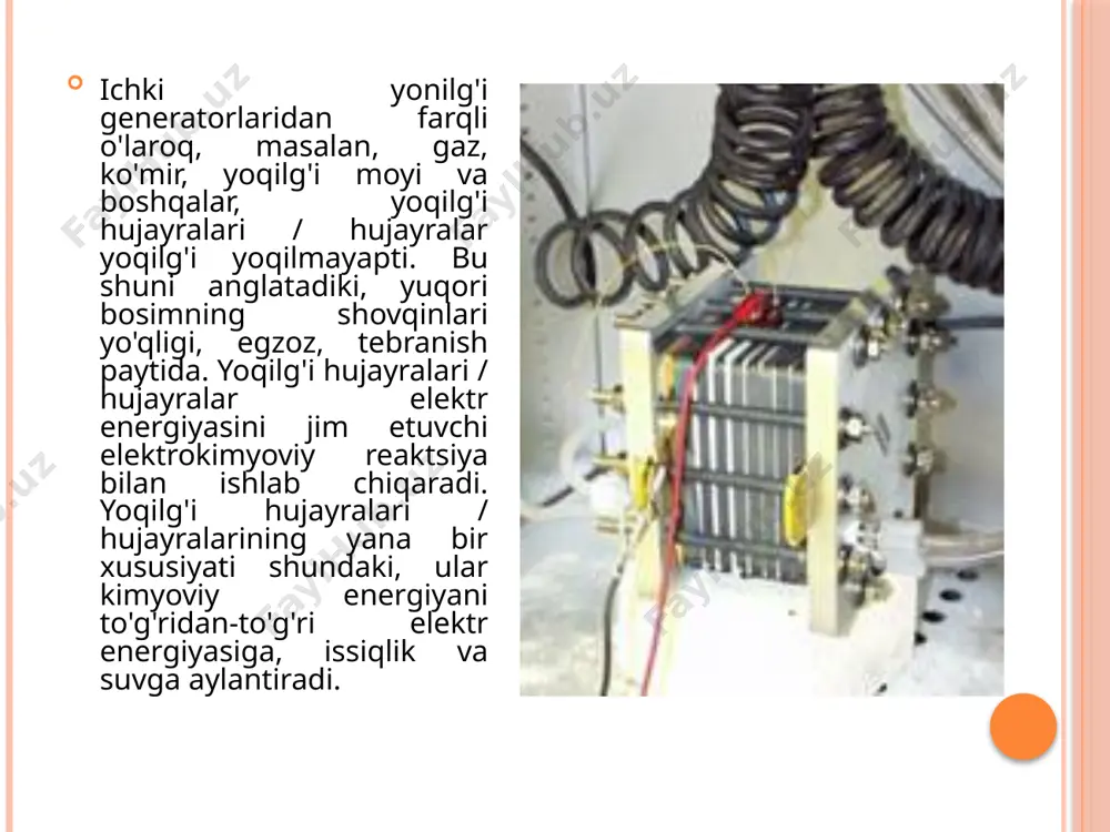 ik va sovutish tizimlari va issiqlik kosmonavtlari uchun issiqlik uchun elektr energiyasi. yoqilg'i hujayralarining ochilishi xix asr boshlariga to'g'ri keladi. yoqilg'i hujayralari ta'sirining birinchi guvohligi 1838 yilda olingan. 1930 yillarning oxirida ishqorli elektrolit bilan yonilg'i hujayralari va 1939 yilga kelib, nikel qoplangan yuqori bosimli elektrodlardan foydalangan element qurildi. ikkinchi jahon urushi paytida, britaniya floti suv osti kemasi uchun yoqilg'i hujayralari / hujayralar ishlab chiqilgan va 1958 yilda diametri 25 sm bo'lgan gillin yonilg'i hujayralari / hujayralaridan iborat yoqilg'i yig'ilishi taqdim etiladi 1950-1960 yillarda, shuningdek, 1980-yillarda, 1980-yillarda, 1980-yillarda, 1980-yillarda, sanoat dunyosi neft yoqilg'isining etishmasligini boshdan kechirgan. xuddi shu davrda dunyo mamlakatlari havo ifloslanishi muammosi va ekologik toza elektr energiyasining usullarini ko'rib chiqdilar. hozirgi vaqtda yoqilg'i hujayralari / hujayralarini ishlab chiqarish texnologiyasi jadal rivojlanish bosqichini boshdan kechirmoqda. yoqilg'i hujayralari / hujayralarini ishlatish printsipi anod va katodli elektrolitlar o'tkazuvchan protonlar bilan ajratilgan. vodorod anod qavsini va katodda kislorod ketsa, kimyoviy reaktsiya boshlanadi, natijada …