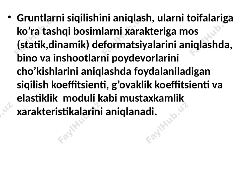 ’ng va chap tomonlariga soatsimon indikatorlar, maxsus joylarga o’rnatilib, ularni shkalalari 0 ga keltiriladi. 7.2. grunt deformatsiyasini aniqlash gruntlarni tashkiy bosim tahsirida, yon tomonlariga kengaymasdan deformatsiyalarini aniqlash, siqilish koeffitsientini xisoblash, buning uchun ishlatiladigan asboblarni ishlashini texnologik tizimi va ishlatishni o’rgatishdir. 1. gruntni xossalari 0 , s , w va ye0 larni oldindan aniqlanib olinadi (e0 - g’ovaklik koeffitsientini boshlang’ich miqdori). 2. odometrni (k-1m)tepa plitasidan (staninasi) yuk bog’ichini yuklanish yelkasidan chiqarilib olib, uni detallarini ajratiladi (rasm 7.2, 7.3). 3. odometrni kolg’tsosini grunt monoliti yuzasiga qo’yib, grunt namunasi qirqib olinadi, kolg’tsoni ustki va ostki yuzalari tekislagich bilan qirqib tekislanib, kolg’tsoni yon tomonlari filg’tr qog’ozi bilan artib tozalanadi. ishga tayyorlanib filg’tr qog’ozi bilan berkitib qo’yiladi. 7. grunt namunasiga bosimni markazlashtiruvchi sharik 2 rasm orqali, 0,05  0,1 mpa pog’onasida yuk beriladi. bosimning xar bir pog’onasida cho’kishni staballashuvigacha (konsolidatsiyasigacha) kutilishi shart buni shartli xolatda, soatsimon indikatorlarni strelkalari to’xtab (gill gruntlari uchun 12 soatda, qumli …