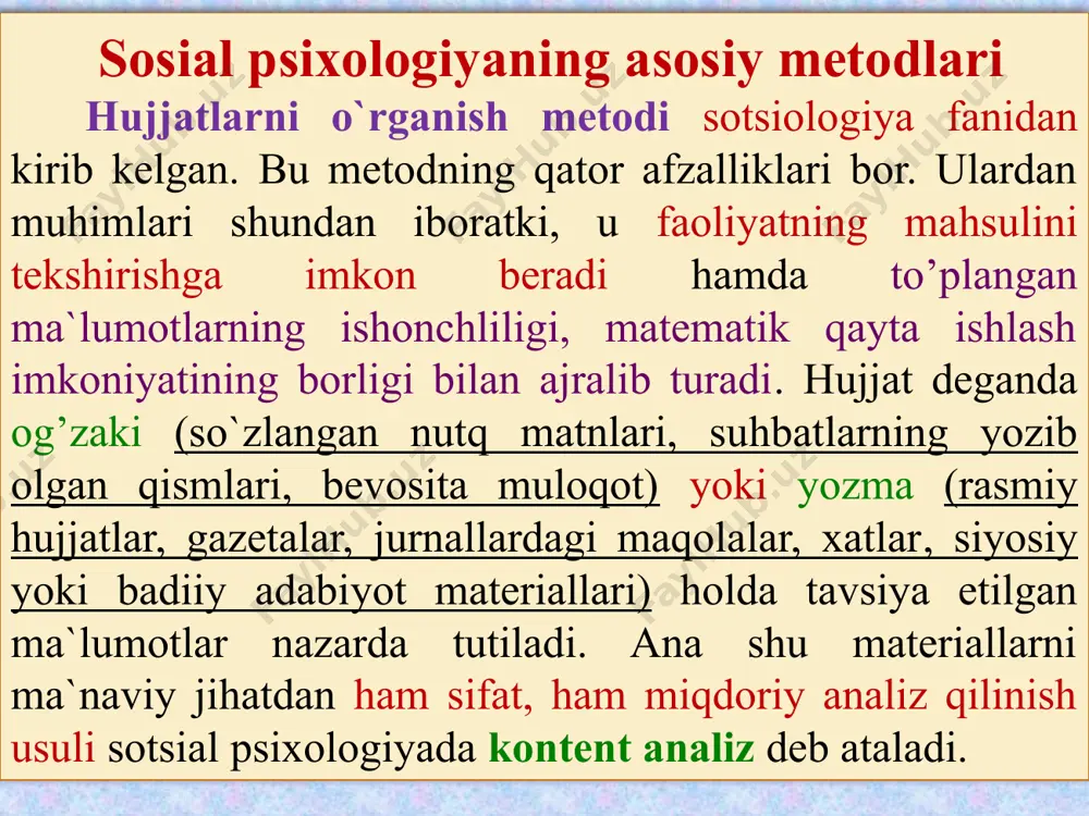 keltirish va tushuntirib berish lozim. anketa metodi hammaga tanish bo`lgan usullardan biri. lekin ko`pincha anketani o’tkazgan odam uning tuzilishi qanchalik qiyinligini yoki olingan ma`lumotlarni qayta ishlab, sharxlash qiyinligini tasavvur qilmaydi. anketaga kiritilgan savollarga ko’ra anketa ochiq yoki yopiq turlarga bo`linadi. ochiq anketa respondentdan o`z fikrini bilganicha bayon etishni talab qiladi, yopiq shakldagi anketa savollarning esa javoblari berilgan bo`lib, tekshiriluvchi o`ziga ma`qul bo`lgan, o`zining qarashlari, fikrlari bilan mos bo`lgan javobni belgilab beradi. ochiq savollarning kamchiligi respondentlarning har doim ham qo’yilgan vazifaga yetarli darajada mas`uliyat bilan qaramaganligi hamda yozilgan javoblarni statistik ishlov berishdagi qiyinchiliklar bo`lsa, yopiq anketadan respondentga tekshiriluvchi tomonidan o`z fikriga ergashtirishga o’xshash holat yoki har doim ham hamma savolning barcha javob variantlarini topib bo`lmasligidir. shunday holatlarda respondent yo umuman javob bermasligi yoki tavakkal bir variantni belgilab berishi mumkin. shuning uchun ham oxirgi paytda yarim yopiq savollardan iborat anketa tuzilmoqdaki, ularda javob variantlardan tashqari, yana qo’shimcha fikr bildirish uchun qo’shimcha qatorlar …