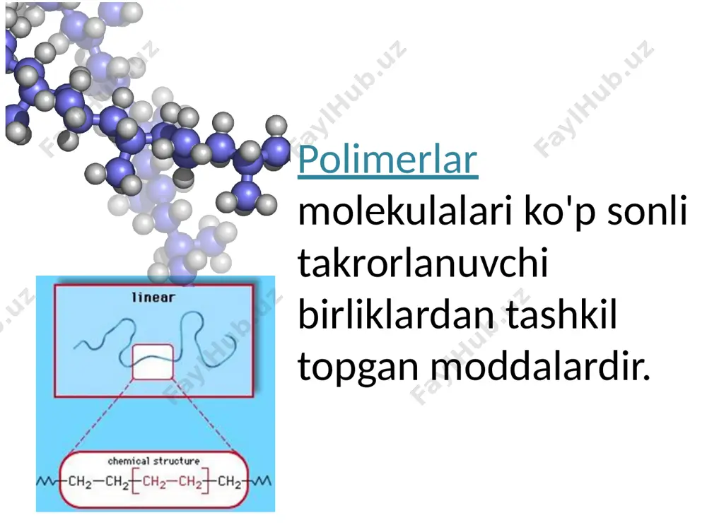 iriladi,inisiator – benzoil peroksid polimerlarga kerakli fizik, mexanik, kimyoviy komplekslarni berish, texnologik va boshqa xususiyatlar, ularning tarkibiga turli komponentlar kiritiladi - plomba moddalar, plastifikatorlar, stabilizatorlar, bo'yoqlar,o'zaro bog'lash agentlari, mikroblarga qarshi agentlar. suyuqlik tarkibi: metil metakrilat polimerizatsiya ingibitori -gidrokinon; o'zaro bog'lash agentlari –shakl oʻzaro bogʻlanishlar orasida polimerning kuchini oshirish uchun makromolekulalar materiallar - dmeg. kukun tarkibi pmma kopolimeri; polimerizatsiya inisiatori; to'ldiruvchilar-polimerga kuch beruvchi, qattiqlik, issiqlik o'tkazuvchanligi, agressiv vositalarga qarshilik, yopishqoqlik to'ldiruvchi sifatida yog'och uni, shisha tolali, turli metallarning kukunlari, minerallar va boshqalar ishlatiladi. plastifikatorlar- ishlov berish jarayonida materiallarga plastika beradigan va tayyor materialning elastikligini ta'minlaydigan moddalar. plastifikator sifatida ishlatiladi-dibutil ftalat stabilizatorlar- polimerlarning qotishini tormozlovchi moddalar. ular plastmassalarning qotishiga olib keladigan kimyoviy jarayonlar tezligini kamaytiradi. ortopedik stomatologiyada qo'llaniladigan polimerlar sezilarli funktsional yuklarni boshdan kechiradi va og'iz bo'shlig'ining og'ir sharoitlarida bo'ladi, shuning uchun ular yuqori fizikaviy va kimyoviy xususiyatlarga ega bo'lishi va quyidagi talablarga javob berishi kerak.: chaynash stressiga dosh berish uchun etarli …