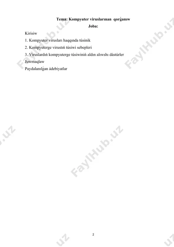 enli programmistler tárepinen nápsiqaw maqsetlerde jazılǵan programma. olar ádetde, kóp retlab nusqalanadı hám atqarıwshı fayllarǵa " jabıwıp aladı". olardıń " jumısqa túsiwi" áqibetinde geyde displeyde túrli jat jazıwlar payda bolıwı, geyde disktaǵı jazıwlar (fayllar ) ni óshirip jiberiwi múmkin.kompyuterler búgingi kúnde kóplegen wazıypalardı atqaradı. házir derlik hesh kim kompyutersiz islemeydi. 1.kompyuter virusları haqqında túsinik virus payda bolıwı ushın atqarılıwshı kodlar izbe-izligi málim bir dáwirde qáliplesiwi kerek. kompyuter virusınıń ózgesheliklerinen biri óz nusqaların kompyuter tarmaqları arqalı atqarılıwshı ob'ektlerge kóshiredi. bul nusqalar xam óz-ózinen kóbeyiw múmkinshiligine iye. kompyuter virusları qanday payda boladı? biologiyalıq viruslardan ayrıqsha olaroq, kompyuter virusların insan tárepinen dúziledi. viruslar kompyuter paydalanıwshılarına úlken zálel jetkeredi. olar kompyuter jumısın toqtatadı yamasa qattı disktaǵı maǵlıwmatlardı uchiradi. virus sistemaǵa bir neshe jollar menen túsiwi múmkin: disketalar, programma támiynat júklengen cd-rom, tarmaq interfeysi yamasa modemli baylanısıw, global internet tarmaǵındaǵı elektron pochta. disketa virustan zıyanlanıwı ańsat. zálellengen kompyuterge disketti salıp oqıtilganda disktıń bas sektorına virus …