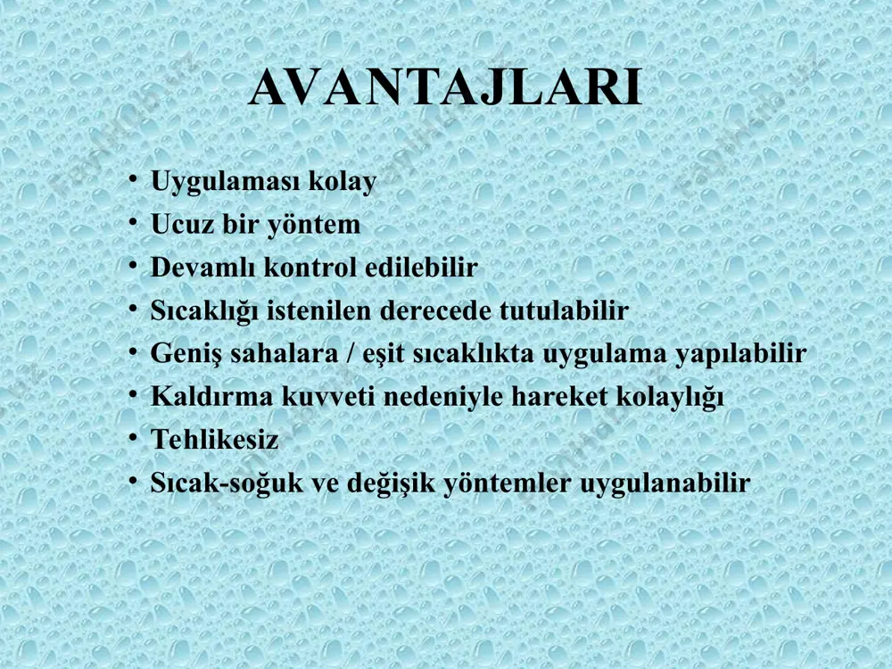 ark 3. uygulamanın ani ve kısa oluşu 4. uygulanan vücut bölgesinin büyüklüğü 5. hastanın fiziksel durumu suyun sicakliğina göre siniflandirilmasi soğuk: 18 c ve  seri̇n: 18 – 24 c ilik: 24 – 33 c nötral: 33 – 35 c sicak: 36 – 40 c çok sicak: 40 c ve  hi̇droterapi̇ uygulamalarinin siniflandirilmasi 1. sicakliğa göre soğuk uygulama nötral uygulama sıcak uygulama sıcak–soğuk uygulama yavaş yavaş artan sıcaklık uygulanması 2. uygulanan yere göre genel uygulama lokal uygulama dıştan veya içten uygulama 3. kullanilan yönteme göre daldırma sprey veya duşlar i̇rrigasyon yıkama torbalar, kompresler 4.amaca göre analjezik antipretik antispazmatik diaphoretik pirojenik sedatif ve hipnotik stimulan ve tonik 5.uygulamada kullanilan fi̇zi̇ksel ve ki̇myasal ajanlara göre hidrotermal hidrokinetik hidrokimyasal hidrotermal ve kinetik hidrokimyasal ve kinetik hidrotermal ve kimyasal hidrotermal, kimyasal ve kinetik tehli̇ke ve kompli̇kasyonlar .üşüme .soğuğa hipersensitivite .doku hücrelerinin yaralanması .haşlanmalar veya yanıklar .fenalaşma ve bunalma .sıcak çarpması .sıcağa hassasiyet .serebral …