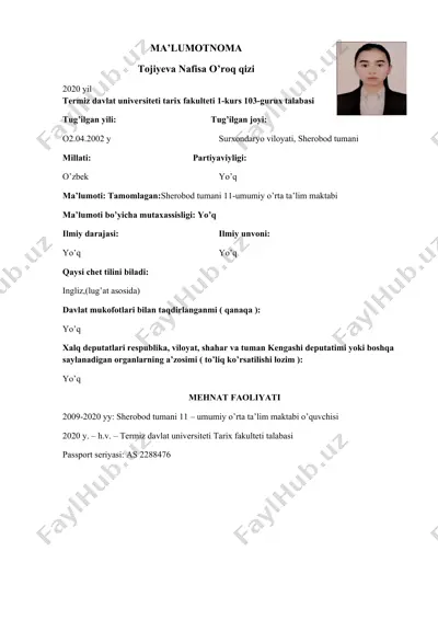 tojiyeva nafisa o’roq qizining ma'lumotnomasi — DOCX