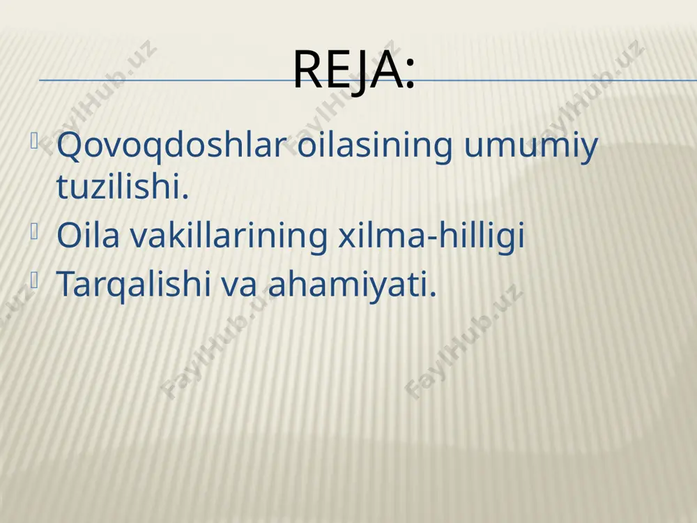 . mavzuni mustahkamlash uchun savollar: 1. qovoqdoshlar oilasining yer yuzida qancha turi bor? 2. barglari va gullari qanday tuzilgan? 3. formulasini yozib bering. vakillarini sanab bering. qovoqdoshlar oilasi vakillarining kundalik hayotimizda qanday ahamiyatga ega? image3.jpeg image4.jpeg image5.jpeg image6.jpeg image7.jpeg image8.jpeg image9.jpeg image10.jpeg image11.jpeg image12.jpeg image13.jpeg image14.jpeg image15.jpeg image16.jpeg image17.jpeg image18.jpeg image19.jpeg image20.jpeg image21.jpeg