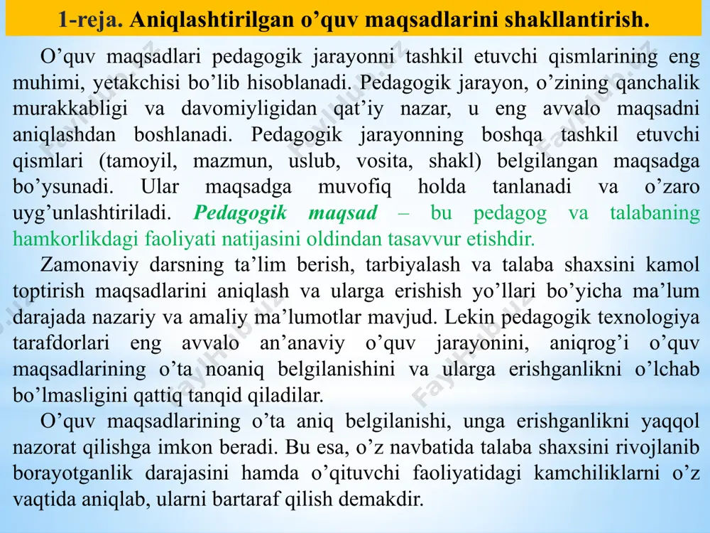 tarbiyalash va shaxsni kamol toptirish maqsadlarini belgilash bunga yaqqol misol bo’lishi mumkin. o’quv maqsadlari bu usulda ifodalanganda maqsadlar o’zaro taqqoslashga qulay bo’lib, faoliyatni bu maqsadlarga erishishga yo’nalganligi ta’minlanadi, lekin ularga erishganlik haqida yaxlit tasavvurga ega bo’lish uchun imkoniyat bo’lmaydi; 3) o’quv maqsadlarini alohida qismlarga ajratib aniqlashtirish jahon pedagogikasida keng tarzda ommalashgan. bunday yondashuvga asosan o’quv maqsadlarining har bir alohida qismlariga erishilganlikni aniq o’lchash mumkin. o’quv maqsadlari tizimini yaratib, o’zaro bog’liqlik ketma-ketligida joylashtiriladi, ya’ni ularning taksonomiyasi tuziladi. taksonomiya tushunchasi grekchadan olingan bo’lib, tartib bilan joylashtirish degan ma’noni anglatadi. obyektlarni, ularning tabiiy o’zaro bog’liqligiga asoslanib va toifalari murakkablashib boradigan ketma-ketlikda (ya’ni iyerarxik) joylashtirib turkumlash va tizimlashtirish - taksonomiya deb ataladi. b.blum yaratgan o’quv maqsadlari taksonomiyasi bilishga oid soha sferasiga tegishlidir. unda bilim olish jarayoni: bilish, tushunish, qo’llash, tahlil, sintez (umumlashtirish) va baholash kabi oltita toifalarga ajratib ko’rsatiladi. bu toifalarning har biri uchun alohida bilish jarayonlari mazmuni ishlab chiqilgan. bu taksonomiya test topshiriqlari …