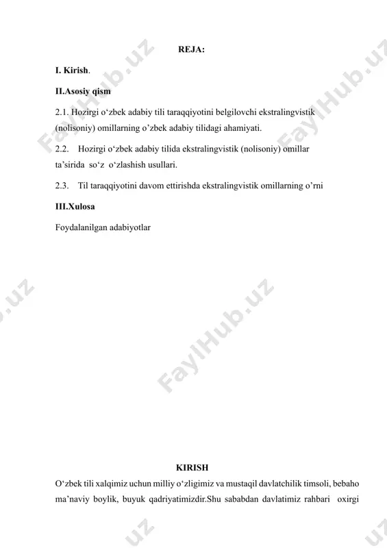 k tilini oʻrganish jarayonini yanada chuqurroq tushunishga yordam berish. hozirgi o‘zbek adabiy tili taraqqiyotini belgilovchi ekstralingvistik (nolisoniy)omillar o’zbek tili taraqqiyotiga qanday ta'sir koʻrsatishini aniqlashga qaratilgan. hozirgi o‘zbek adabiy tili taraqqiyotini belgilovchi ekstralingvistik (nolisoniy) omillar jamiyatdagi ijtimoiy, siyosiy, iqtisodiy va madaniy özgarishlar, shuningdek, globallashuv, texnologik taraqqiyot va axborot almashinuvi kabi hodisalarning tilga bo‘lgan ta’sirini o‘rganishni taqozo etadi.hozirgi zamon globallashuv davrida har bir millat o‘z tili va madaniyatini saqlash uchun doimiy ravishda ishlashni talab qiladi. o‘zbek tili mustaqillik yillaridan keyin davlat tili sifatida o‘z mavqeini mustahkamladi va rivojlanishda davom etmoqda. ayniqsa, xalqaro maydondagi jarayonlar va texnologiyalar rivojlanishi o‘zbek tiliga bevosita ta’sir ko‘rsatmoqda. shuningdek, til taraqqiyotini belgilovchi ijtimoiy omillar jamiyatning barcha sohalariga ta’sir qilmoqda.ekstralingvistik omillarni tahlil qilish orqali hozirgi o‘zbek adabiy tili rivojining asosiy yo‘nalishlari, o‘zgarishlari va yangi tendensiyalarini aniqlash mumkin. bu omillar faqat tilga emas, balki umuman madaniyat va ma’naviyatga ham katta ta’sir ko‘rsatadi. jumladan, globallashuv, migratsiya va texnologiyalarning rivojlanishi natijasida yangi …