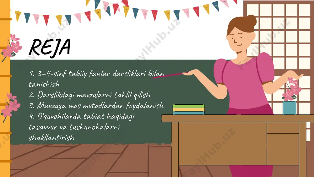 ishi kerak. - **yoshga moslik:** 3–4-sinf o‘quvchilari uchun mavzular sodda, vizual materiallarga boy, tajriba va o‘yinlar bilan boyitilgan bo‘lishi kerak. bu ularning qiziqishini oshiradi va mavzuni chuqurroq anglashga yordam beradi. didaktik vositalar: darslikdagi rasmlar, jadval va diagrammalar, savol-javoblar, amaliy topshiriqlar orqali o‘quvchilar mavzuni mustahkamlash imkoniyatiga ega bo‘ladi. - metodik yondashuv imkoniyatlari: har bir mavzu o‘qituvchiga turli metodlardan foydalanish imkonini beradi — tajriba, kuzatuv, suhbat, guruhli ish, rolli o‘yinlar va mini-loyihalar orqali o‘quvchilar faol ishtirok etadi. bu bosqichda darslik bilan tanishish nafaqat mavzuni o‘rganish, balki uni qanday o‘qitish, qanday metodlardan foydalanish va o‘quvchilarda qanday ko‘nikmalarni shakllantirish mumkinligini aniqlash uchun asos bo‘lib xizmat qiladi darslikdagi mavzularni tahlil qilish — o‘quv jarayonining asosiy bosqichlaridan biri bo‘lib, u o‘qituvchiga har bir mavzuning mazmunini chuqur anglash, metodik yondashuvni belgilash va o‘quvchilarning bilim darajasiga moslashtirish imkonini beradi. 2. darslikdagi mavzularni tahlil qilish2. darslikdagi mavzularni tahlil qilish bu bosqichda quyidagi jihatlar e’tiborga olinadi:bu bosqichda quyidagi jihatlar e’tiborga …