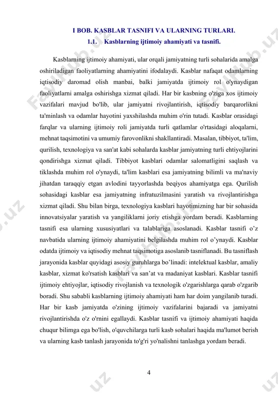 tishga, ma'naviy va madaniy rivojlanishga ham ta'sir ko'rsatadi. kasblar tasnifi esa har bir kasbning xususiyatlari, ularning talab qiladigan malakasi va jamiyatdagi roli asosida belgilanadi. kasblar tasnifida, odatda, ish faoliyatining xususiyatlari va ijtimoiy ahamiyatiga qarab turli guruhlar ajratiladi. ba'zi kasblar jamiyatda ijtimoiy xizmatlarni ta'minlaydi, boshqalari esa ishlab chiqarish jarayonlarida ishtirok etadi. har bir kasb o'ziga xos bilim va ko'nikmalarni talab qiladi va o'zining muhim ijtimoiy roli bilan jamiyatda o'rin tutadi. kasblarning tasnifi ijtimoiy va iqtisodiy ehtiyojlarga javob berishga yordam beradi. ular mehnat bozorining turli sohalarida, insonlarning ehtiyojlariga qarab, malakali ishchi kuchini shakllantirishga imkon yaratadi. kasblarning tasnifi jamiyatni samarali rivojlantirish uchun zarur bo'lgan mutaxassisliklar va bilimlar asosida tashkil etiladi. kasblarning ijtimoiy ahamiyatini tushunish, shuningdek, o'quvchilarga kasb tanlashda o'z yo'nalishlarini aniqlashda yordam beradi. kasbga oid bilimlar va ko'nikmalarni o'zlashtirish jarayonida o'quvchilarga kasb tanlashda to'g'ri qarorlar qabul qilishda muhim yo'nalishlarni ko'rsatish hamda mehnat bozorining ehtiyojlarini inobatga olish zarur. kasblarning ijtimoiy ahamiyati ayniqsa, mehnat taqsimoti …