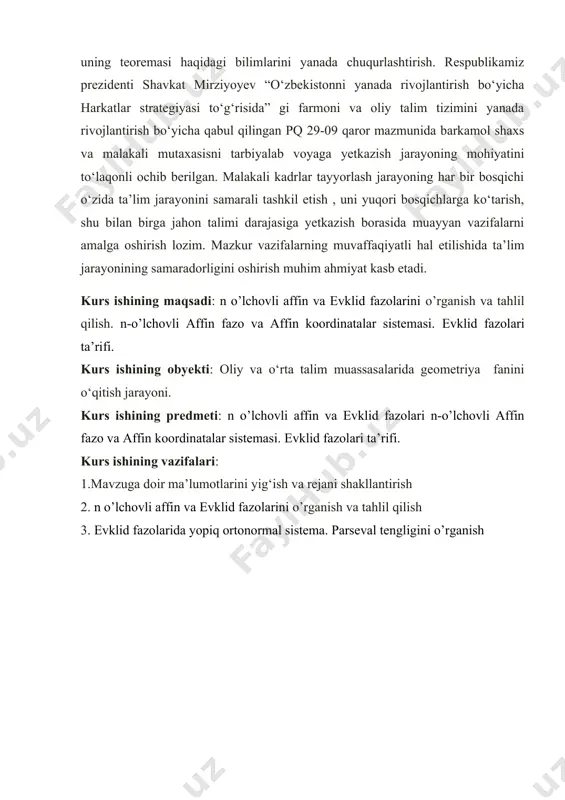 (affin) fazo deyiladi: a) xar ikki x va u elementlarga x va u elementlar yig’indisi deb ataladigan z element mos qilib qo’yilgan; x va u elementlarning yig’indisi x+u bilan belgilanadi; b) biror maydonning har bir x elementi va har bir son bilan x element ko’paytmasi deb atalgan x element mos qilib qo’yilgan. bu amallar quyidagi talablarni (aksiomalarni) qanoatlantirishi kerak. 1. 10 x+u=u+x (kommutativlik), 20 (x+u)+z=x+(u+z) (assotsiativlik), 30 xar qanday x uchun shunday 0 element mavjudki, x+0=x bo’ladi. 0 element nol element deyiladi. 40 xar qanday x uchun –x bilan belgilanadigan shunday element mavjudki, x+(-x)=0 bo’ladi. 2. 10 20 3. 10 20 biz qo’shish hamda songa ko’paytirish amallarini qanday ta’riflanishi haqida gapirmaganimiz bejiz emas. biz bu amallarni faqat yuqorida ta’riflangan aksiomalarga buysunishlarini talab qilamiz holos. shuning uchun har qachon yuqorida qayd qilingan shartlarni qanoatlantiruvchi amallar bilan ish ko’rar ekanmiz, biz ularni qo’shish va songa ko’paytirish amallari deb, elementlari ustida bu amallar …