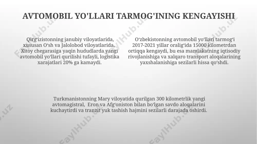 nmasini 2025 yilga kelib 22 million kishiga yetkazish rejalashtirilgan boʻlib, buning uchun yangi terminal va infratuzilmalar qurilmoqda. qozogʻiston bilan chegaradosh hududlarda temir yoʻl transporti modernizatsiyasi doirasida 2023 yilda 150 kilometr yangi temir yoʻl liniyasi qurib bitkazildi, bu yuk tashish hajmini 30% ga oshirdi. xalqaro hamkorlik va investitsiyalar turkmanistonning hazar dengizi portiga jahon miqyosidagi konteyner tashuvchilarni jalb qilish uchun 2024 yilga qadar 3 ta yangi konteyner terminali qurilishi rejalashtirilgan bo'lib, buning uchun yevropa ittifoqi va xalqaro moliya institutlari investitsiyalarni taqdim etishni o'rganmoqdalar. markaziy osiyo davlatlari transport infratuzilmasini rivojlantirish uchun 2023 yilda xitoydan 5 milliard dollar miqdorida investitsiya jalb qilish rejalashtirilmoqda, bu esa mintaqadagi temir yo'l va avtomobil yo'llari tarmoqlarini modernizatsiya qilishga yo'naltiriladi. qozogʻiston va oʻzbekiston oʻrtasida amalga oshirilayotgan transport loyihalariga jahon banki tomonidan 100 million dollarlik kredit ajratildi, bu esa chegaradosh hududlardagi avtomobil yoʻllari va logistika markazlarini takomillashtirishga qaratilgan. transport rivojlanishining iqtisodiy ta'siri oʻzbekistonning avtomobil yoʻllari modernizatsiyasi tufayli toshkentdan samarqandgacha boʻlgan …
