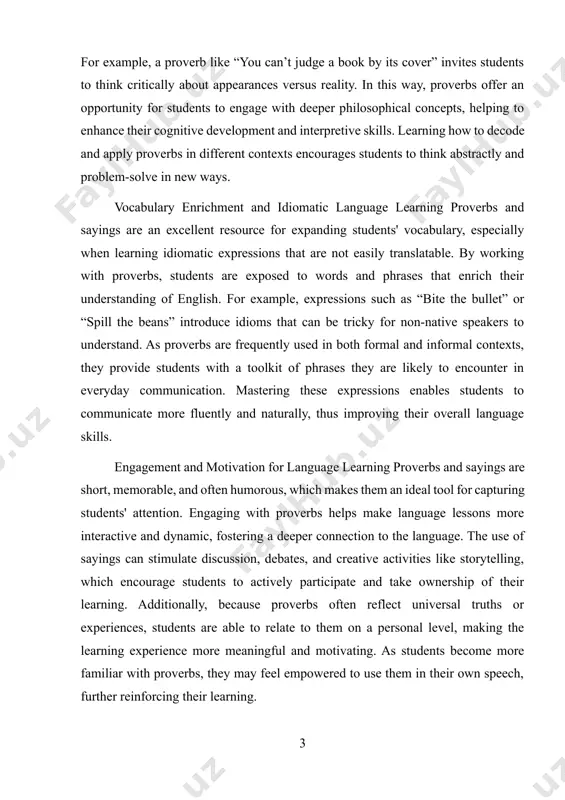 develop a better understanding of how to use language contextually and appropriately, which is a key aspect of communicative competence. proverbs thus serve as bridges to help learners engage with both the social and linguistic aspects of communication. fostering creativity and student interaction an important, often overlooked, aspect of using proverbs in the classroom is how they encourage creativity and interaction among students. teachers can prompt students to create their own proverbs based on modern issues, reinterpret existing sayings to fit different contexts, or participate in debates about the meanings of certain proverbs. these activities promote collaboration, discussion, and critical reflection, and also allow students to apply their language knowledge in creative and meaningful ways. this not only enhances their linguistic abilities but also nurtures their creativity and helps them see language learning as an interactive, collaborative process. aim and objectives of the course paper: aim: the aim of this …
