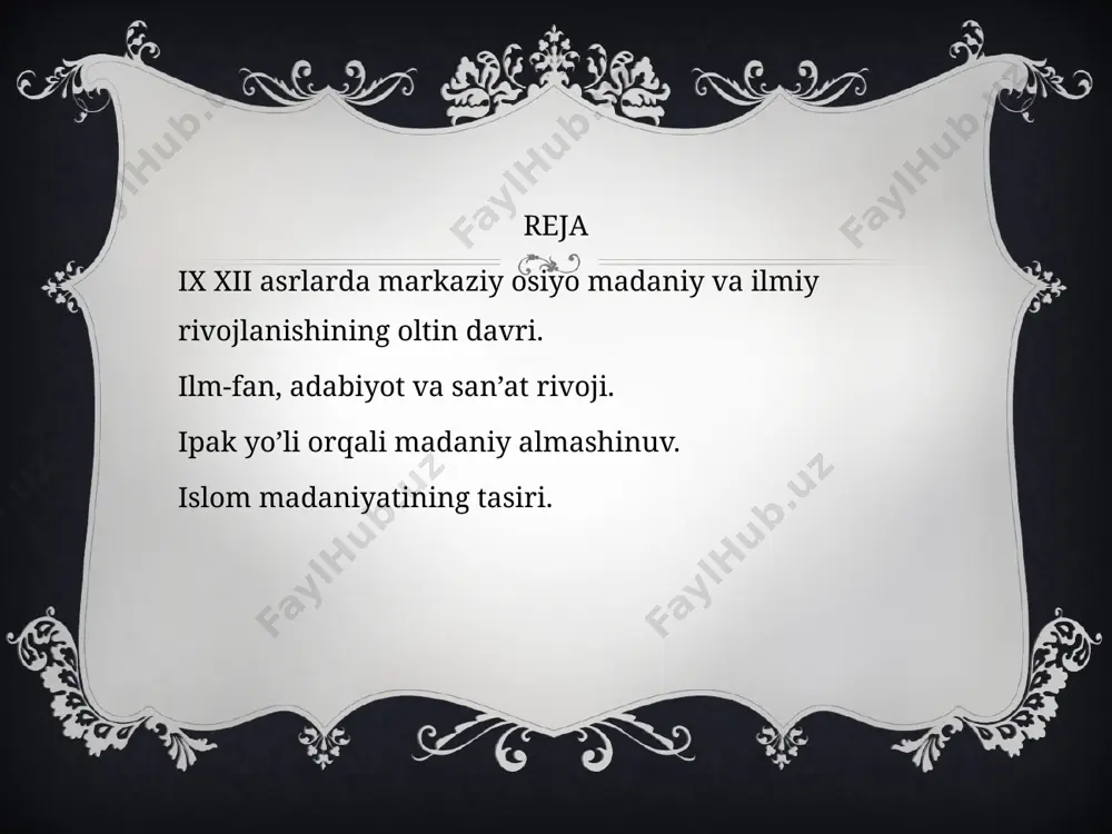 rlar va ixtirolar dunyo tarixiga katta ta'sir ko'rsatgan. adabiyotlar "o‘zbekiston tarixi" (akademik litsey va kasb-hunar kollejlari uchun darslik) q. usmonov, b. karimov va boshqalar.toshkent, 2017. "markaziy osiyo uyg‘onish davri allomalari" a. hayitmetov. toshkent, 2001. ziyonet ta’lim portali https://ziyonet.uz etiboringiz uchun raxmat image3.png image4.png image5.png image2.png /docprops/thumbnail.jpeg