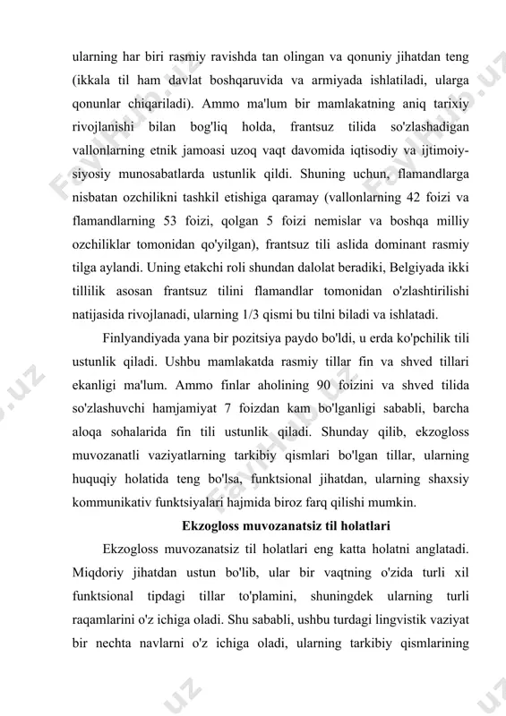 ri: 1) kundalik nutqqa xizmat qiladigan tillar, ya'ni. biz qabul qilgan funktsional tasnifga ko'ra, mahalliy tillarga tegishli; 2) makro vositachi til. bunday mahalliy tilning misoli angliyadagi uels, fransiyadagi breton tili bo'lishi mumkin, u bretaniya yarim orolidagi dehqonlar va dengizchilar tomonidan ishlatiladi va aslida to'rtta hududiy dialektlar to'plami mavjud, ularning hech biri adabiy emas. adabiy tilning yo'qligi bu erda maktabda, ma'muriy ishlarni olib borishda, madaniyat va fan sohasida frantsuz tilidan foydalanish bilan to'ldiriladi. tillarning bunday taqsimlanishi natijasida breton etnolingvistik jamoasi doirasida aloqa ikki bosqichli xususiyatga ega: mahalliy til millatlararo muloqotda faoliyat ko'rsatishi mumkin, jamoadan tashqarida ma'ruzachi makro vositachiga murojaat qilishga majbur bo'ladi. ko'pgina mamlakatlarda til holati, agar ularda mintaqaviy aloqaning maxsus vositasi sifatida ishlaydigan til bo'lmasa (masalan, senegaldagi volof, malidagi bambara, filippindagi sebuan, ilokan va boshqa tillar), xuddi shu xilma-xillikni anglatadi. ikki komponent paragvayda yuzaga kelgan lingvistik vaziyatga ham xosdir, bu erda guarani aholining 95% uchun so'zlashuv tili bo'lib xizmat qiladi …