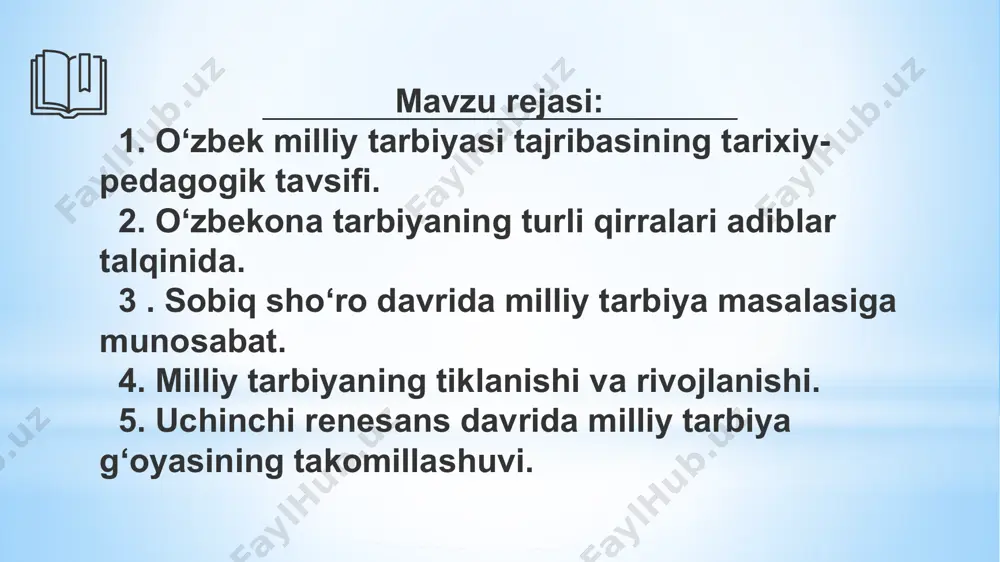 liy ma’naviyatni yo’qotish mumkin emas. milliy ma’naviyatni yo’qotish uchun qanchalik harakat qilinsa, shunchalik milliylikni, milliy ma’naviyatni saqlash uchun kurash kuchayadi. xulosa shuki, inson qalbidagi milliylikni yo’qotish mumkin emas. ko’rinadiki, milliy ma’naviyat hodisasi ham tarixiy, ham bugungi kunda mavjudligini saqlab turgan ko’p o’lchamli voqe’likdir. inson ma’naviy olami o’lchamlari cheksiz bo’lib, uni hech bir narsa bilan o’lchash, qiyoslash mumkin emas. milliy ma’naviyat avvalo milliy tarbiya rivojlanishi bilan xarakterlanadi. milliy tarbiyaning rivojlanishi pirovard milliy o’zlikni anglash sari yetaklaydi. milliy ma’naviyatning asosiy belgi va o’zagi - milliy axloq sanaladi. bizning milliy axloqimizdagi belgilar boshqa xalqlar axloqiy qarashlarida muayyan tarzda namoyon bo’ladi. milliy ma’naviyatda - milliy his, tuyg’u, ruhiyat ham muhim o’rin egallaydi. chunonchi, zamona taqozosi bilan boshqa yurtga safarga borgudek bo’lsak va o’sha yerda milliy kuy, qo’shiqni eshitgudek bo’lsak, bizning vujudimizni ajib bir his, tuyg’u qamrab oladi va undan ruhiy huzur olamiz, qanoat hosil etamiz,ya’ni ma’naviy ozuqalanamiz. milliy ma’naviyatda milliy manfaat ham muhim rol …