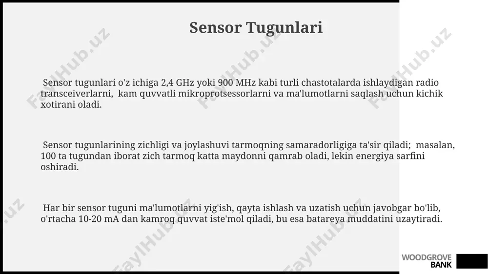 u rejimlaridan foydalanish keng tarqalgan. woodgrove bank kelajakdagi tendentsiyalar kelajakdagi simsiz sensor tarmoqlari 5g va 6g texnologiyalaridan keng foydalanishni, ma’lumotlar uzatish tezligini 100 gbps gacha oshirishni va ulanishning past kechikishini ta’minlashni o’z ichiga oladi. sun’iy intellekt va mashinani o'rgatish algoritmlarining qo'llanilishi, sensorlardan olingan ma'lumotlarni tahlil qilishni avtomatlashtiradi va 90% gacha aniqlik bilan anomaliyalarni aniqlash imkonini beradi. energiya yig'uvchi texnologiyalarining rivojlanishi, masalan, quyosh va termal energiya yordamida, sensor tugunlarining ishlash muddatini 10 yilgacha uzaytiradi va batareyalarni almashtirish zaruratini kamaytiradi. woodgrove bank xavfsizlik masalalari sensorlarning past quvvatli bo’lishi va cheklangan hisoblash imkoniyatlari tufayli, ularda murakkab kriptografik algoritmlarni qo’llash qiyin, bu esa 512 bit aes kabi kuchli shifrlash usullarining amalda qo’llanilishini cheklaydi. tarmoq topologiyasining murakkabligi va sensorlarning mobil bo’lishi, 2.4 ghz diapazonida chastota chaqirishlarini boshqarishni qiyinlashtiradi, bu esa noqonuniy kirish va dos hujumlariga olib kelishi mumkin. simsiz sensor tarmoqlarida ma’lumotlarning 80% gacha yo’qotilishi kuzatiladi, bu esa xavfsizlikni ta’minlashda katta qiyinchiliklar tug’diradi va hujumlarga …