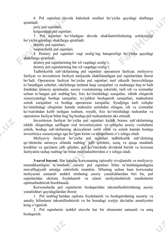 i" fasb[footnoteref:4] tomonidan "firmaning moliyaviy xolatidagi o‘zgarishlar haqidagi hisobot" shaklini yangi hisobot shakliga, ya’ni "pul mablag‘larining harakati to‘g‘risidagi hisobot"ga almashtirish haqida qaror qilindi. [4: financial accounting standards board ] 2-savol bayoni. biznes sub’ektlarining moliyaviy resurslaridan samarali foydalanishda pul oqimlarini to‘g‘ri rejalashtirish va boshqarish muhim rol o‘ynaydi. pul oqimlari tadbirkorlik sub’ektining bir yil davomidagi barcha sarflangan va kirim qilingan pul mablag‘larining harakatini ifodalaydi. sub’ektning “pul oqimlari” tushunchasi o‘zida faoliyatining uzluksizligi jarayoni davomida pul mablag‘lari tushumi va chiqimining taqsimlanish yig‘indisini aks etiradi. sub’ektlarning pul oqimlari tushunchasi moliyaviy boshqaruvning alohida ob’ekti sifatida nafaqat mahalliy, balki xorijiy adabiyotlarda ham moliyaviy boshqaruv bo‘yicha etarli darajada o‘z aksini topmagan. bu pul oqimlarining asosiy tarkibida pul aktivlarini boshqarish, moliyaviy resurslarni shakllantirishni boshqarish va bankrotlik xavfi sharoitida inqirozga qarshi sub’ektlarning boshqaruvi masalalari ko‘rib chiqiladi. unga shuningdek, moliyaviy hisobotlar, pul mablag‘larining harakat dinamikasini tasvirlovchi buxgalterya hisobini yuritish kabi hisob turlari kiradi. pul oqimlarini to‘g‘ri rejalashtirish va boshqarish nisbatan murakkab …