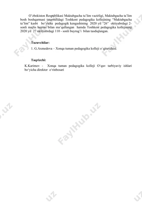 ish yo`llari; hayot faoliyati xavfsizligining o`ziga xos qonuniyatlarini, texnik me`yorlari. xalqaro nufuzli tashkilotlar va mamlakatlar faoliyatida turli tusdagi favqulodda vaziyatlarning oldini olish,ularning inson hayoti, atrof-muhit, qishloq xo’jaligi, sanoat, fan va madaniyat, tadbirkorlik va biznesga zararli oqibatlarini kamaytirish borasidagi muammolarning asosiy masalaga aylanganligi. 2 n 1 ii-bo`lim. mttda bola hayotiga ta’sir etuvchi xavflar va ularning turlari 3 mttda bola hayotiga ta’sir etuvchi xavflar va ularning turlari mttning proyekti bilan tanishish. sog`lomlashtirish yo`nalishi qoidasi materiallar va vositalar mazmuni. binoning ichki va tashqi tuzilishi. mttning barcha xonalarini (guruh xonasi, yuvinish xonasi, yotoqxona, musiqa zali, sport zali, oshxona, yo`laklar) havfsizligini ta`minlash. o`quv xonalarini sun’iy yorug`lik bilan ta’minlash turlari, o`quv va maehnat faoliyatini olib borish xonalarida shovqin ko`rsatkichlari. 2 n 1 4 mttda hayot faoliyati xavfsizligini ta`minlash zarurati mttda hayot faoliyati xavfsizligini ta`minlash zaruratini o`rganish. mttda bola hayotiga ta’sir etuvchi xavflar va ularning turlari, mehnat faoliyati havfsizligi. bolaning yoshiga mos jihozlar tanlash, o`yinchoqlardan foydalanish. mttda …