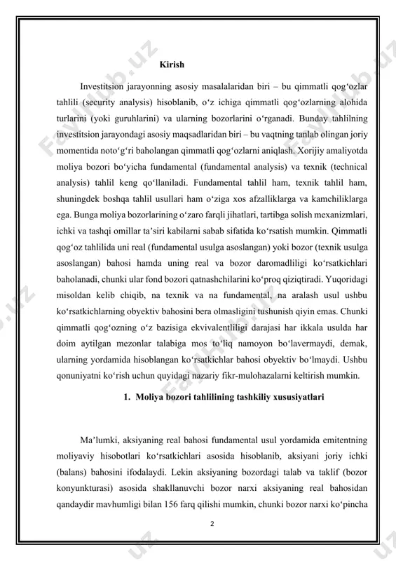 unkturasi) asosida shakllanuvchi bozor narxi aksiyaning real bahosidan qandaydir mavhumligi bilan 156 farq qilishi mumkin, chunki bozor narxi koʻpincha koʻzga tashlanmaydigan spekulyativ bozorda vujudga keluvchi sirli tendensiyalarni ham oʻz ichiga oladi. bunday tendensiyalar odatda spekulyativ bozorning oldindan har doim ham toʻliq idrok qilib boʻlmaydigan jarayonlarni risklar va turli omillar (jumladan spekulyativ savdo qatnashchilarining subyektiv tarzda xohish va imkoniyatlarining ehtimoliy oʻzgarishi, yaʼni refleksivlik nazariyasiga asosan) taʼsiri ostida kechishi evaziga hosil boʻladi. demak, aksiyaning oʻz bazisiga ekvivalentlilik darajasi asosida obyektiv bahosini aniqlash muhim ahamiyatga ega. bularning barchasi va boshqa vaqtinchalik idrok qilinishi murakkab boʻlgan omil va jarayonlar tahlil amaliyotining mavjud usullari uzluksiz takomillashuv jarayonida yoki ularning asosida yangilari paydo boʻlib kelmoqda. bu jarayonning obyektiv mahsuli sifatida qimmatli qogʻozlarni sekyurimetrik tahlili usulini alohida koʻrish maqsadga muvofiq, chunki u yuqorida keltirilgan baʼzi holatlarni bartaraf qilishning ozmi koʻpmi imkonini berishi mumkin. 2. fundamental tahlil fundamental tahlilda qimmatli qogʻozlarni bozor narxlari bilan taqqoslash uchun qimmatli qogʻozlarning …