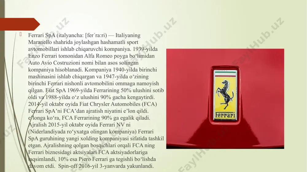 , boshqa ishtirokchilarga poyga avtomobillarini yetkazib bergan. 1950-1960-yillarda ferrari bir qator xususiy ishtirokchilar va boshqa jamoalarga formula 1 avtomobillarini yetkazib bergan. mashhur misollardan biri toni vandervell jamoasi boʻlib, ular oʻzlarining vanwall avtomobillarini yaratishdan oldin thinwall special oʻzgartirilgan ferrarilar bilan poygaga chiqishgan. shimoliy amerika poyga jamoasining 1969-yilgi mavsumning soʻnggi uch raundidagi ishtiroklari scuderia ferraridan boshqa jamoaning ferrari avtomobili bilan jahon chempionati gran-prisiga kirishining soʻnggi holatlari edi ferrari va lamborgini raqobati keyingi yilning bahorida lamborghini kompaniyasi jyeneva avtosalonida yangi superkar taqdimotini o‘tkazmoqchi. road and track nashrining ma'lum qilishicha, model gibridli kuch qurilmasiga ega bo‘ladi hamda ferrari laferrari, porsche 918 spyder va mclaren p1 mashinalariga raqobatchi bo‘ladi. yangi mashinaning potensial mijozlariga uning gologrammalari ko‘rsatildi. ta'kidlanishicha, superkar 20 nusxada chiqadi, har bir mashinaning narxi 1.2 mln dollarni tashkil qiladi. kompaniyaning birinchi gibridli mashinasi 2022 yil kuzida parij avtosalonida taqdim etilgan asterion bo‘lgan edi. uning agregatlari umumiy hisobda 910 ot kuchini berishga qodir edi. lamborghini’ning …