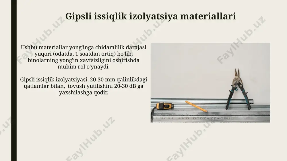 t bo'lib, ularning o'lchamlari va zichligi turlichadir. gipsli qurilish materiallarining ekologik jihatlari gipsli qurilish materiallari, issiqlik izolyatsiyasi xususiyatlariga ega bo'lib, binolarning energiya samaradorligini oshiradi va shu bilan karbon o'z izini kamaytiradi. gips, tabiiy mineraldan olinganligi sababli, 90% gacha qayta ishlanishi va qayta ishlangan materiallar sifatida foydalanilishi mumkin, bu esa chiqindi miqdorini sezilarli darajada kamaytiradi. gipsli materiallar bozorida mavjud vaziyat va kelajak istiqbollari ekologik toza va arzon xom ashyo sifatida gipsning mavjudligi, gipsli materiallar ishlab chiqarish hajmining 10% gacha o'sishiga va yangi bozor segmentlarining paydo bo'lishiga olib keladi. qurilish sohasida gipsli panellar, plitalar va shlak bloklariga bo'lgan talabning o'sishi, quyosh energiyasi tizimlarini integratsiyalashgan yangi avlod gipsli mahsulotlarning paydo bo'lishiga turtki beradi. e'tiboringiz uchun rahmat @taqdimot_robot image1.jpg image2.jpg image3.jpg image4.jpg image5.jpg image6.jpg image7.jpg image8.jpg image9.jpg image10.jpg image11.jpg image12.jpg