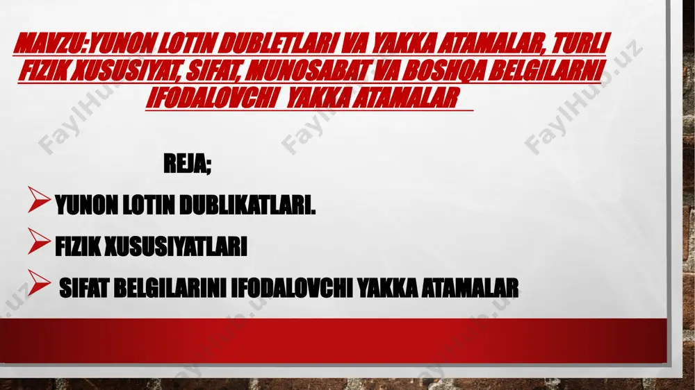 to‘g‘ri ichakdan ko‘p miqdorda qon aralash yiring ajralishidir. ma’no tashuvchilar - to‘g‘ri ichak va qon aralash yiring ajralishi. atama elementlar quyidagi turlarga boiinadi: 1. yunon o'zak atamaelementlari - lotincha anatomik nomlarning ekvivalentlari. masalan: burun — rhin — nasus, i, m lab — cheil — labium, i, n 2. so‘z oxirida qoilanuvchi atama element — organ va to'qimalardagi patologik o'zgarishlar, operatsiya turlari, diagnostik tekshirish yoki davolash usullarini ifodalaydi. masalan: ectomia - organni butunlay olib tashlash, scopia - maxsus asbob yordamida organlami ichki devori va yuzlarini tekshirish,.necrosis — to‘qima va organlami oiishi. 3. affifcslar (prefiks va suffikslar) — ma’no tashish jihatidan a ‘zak atama elementlarga teng. masalan: dys- - buzilish, biror bir funksiyaning izdan chiqishi; -itis, -itidis — biror narsaning yallig'lanishi. masalan: dystonia - tonusning buzilishi, gastritis - oshqozonning yallig‘lanishi. atama elementlami o‘zlashtirish talabalarga so‘z boyligini kengaytirib meditsinaga oid atamalami bemalol tushunish imkonini beradi. masalan: arteria — atama elementdan 50 ga yaqin, …