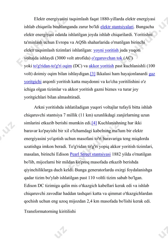 iki/electric_power_distribution" \l "cite_note-raghu_garud_2009,_page_249-7" [7] 20-asrning birinchi yarmida ko'p joylarda elektr energetikasi edi vertikal ravishda birlashtirilgan, ya'ni bitta kompaniya ishlab chiqarish, uzatish, tarqatish, hisobga olish va hisob-kitoblarni amalga oshirganligini anglatadi. 1970-80-yillardan boshlab xalqlar bu jarayonni boshladilar tartibga solish va xususiylashtirish, olib boradi elektr energiyasi bozorlari. tarqatish tizimi tartibga solingan bo'lib qoladi, ammo ishlab chiqarish, chakana savdo va ba'zida uzatish tizimlari raqobatdosh bozorlarga aylantirildi. avlod va uzatish ac ning soddalashtirilgan diagrammasi elektr energiyasini etkazib berish avlod stansiyalaridan iste'molchilargacha xizmatning pasayishi. elektr energiyasi ishlab chiqarish stantsiyasidan boshlanadi, bu erda potentsial farq 33000 voltgacha bo'lishi mumkin. odatda ac ishlatiladi. ba'zilar kabi katta miqdordagi doimiy quvvatdan foydalanuvchilar temir yo'llarni elektrlashtirish tizimlari, telefon stansiyalari kabi sanoat jarayonlari alyuminiy eritishdan foydalanish rektifikatorlar umumiy tok manbaidan doimiy oqim olish yoki o'z avlod tizimlariga ega bo'lishi mumkin. yuqori voltli doimiy oqim o'zgaruvchan tok tizimlarini ajratish yoki uzatiladigan elektr energiyasini boshqarish uchun foydali bo'lishi mumkin. masalan, gidro-kvebek dan to'g'ridan-to'g'ri oqim …