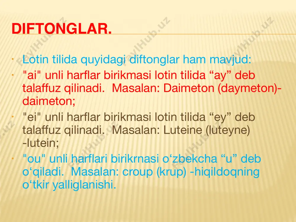 rid zona,ae,f – kamar zonularis, e - kamarsimon glycerinum, i, n –glitserin zygomaticus, a, um -yonoqqa tegishli harf birikmalari va digraflarning o‘qilish xususiyatlari. • qu harf birikmasi unli harflar oldida kelganda kv deb talaffuz qilinadi: quinque (kvinkve) - besh, aqua (akva) - suv. harf birikmalari va digraflarning o‘qilish xususiyatlari. • ngu harf birikmasi unli harflar oldida kelganda ngv deb talaffuz qilinadi: lingua (lingva) - til, unguentum (ungventum) – surtma, maz. harf birikmalari va digraflarning o‘qilish xususiyatlari. • ti harf birikmasi unli harflar oldida keganda tsi deb talaffuz qilinadi: solutio (solutsio) - eritma, articulatio (atrikulatsio) - bo‘g'im. harf birikmalari va digraflarning o‘qilish xususiyatlari. • lekin ti harf birikmasi x, s undosh harflaridan keyin kelganda ti deb talaffuz qilinadi: mixtio (mikstio) - aralashtirish, ostium (ostium) - teshik. harf birikmalari va digraflarning o‘qilish xususiyatlari. • su harf birikmasi unli harflar oldida kelganda sv deb talaffuz qilinadi: suavis (svavis) - yoqimli, consuetudo (konsvetudo) - …