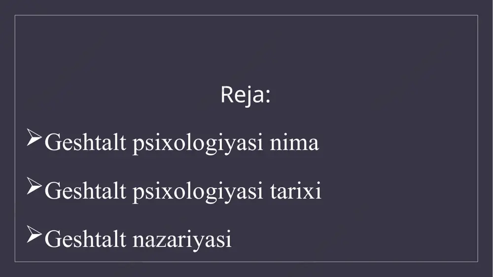 z narsalar harakatlanadigan optik xayol. bu ularga ko'rishning doimiyligi printsipini postulyatsiya qilishga imkon berdi. totallik printsipi ongli tajriba global miqyosda ko'rib chiqilishi kerakligini ta'kidlaydi, chunki barcha elementlarning yig'indisi uning alohida qismlari to'plamidan kattaroqdir. shunday qilib, elementlar to'plamida "paydo bo'ladigan xususiyatlar" deb nomlangan narsa paydo bo'ladi, agar barcha qismlar mavjud bo'lmasa, ularni kuzatib bo'lmaydi. gestalt psixologiyasi, inson in'ikosi atrofimizda mavjud bo'lgan narsani ko'rishni emas, balki, faqat insonning his-tuyg'ulari haqida fikr yuritishga yordam berdi. biz qabul qilgan narsalarning ko'pchiligi bizning motivlarimiz va umidlarimizdan katta ta'sir ko'rsatmoqda. gestalt psixologiyasi ko'p jihatdan psixologiya boshqa sohalari tomonidan qisqartirildi, lekin u katta ta'sir ko'rsatdi. gestalt psixologiyasining printsiplaridan ta'sirlangan boshqa tadqiqotchilar, jumladan, kurt lewin va kurt goldshteyn psixologiya sohasiga katta hissa qo'shmoqdalar. butun tarkibiy qismlardan farqli ekanligi boshqa sohalarda ham, jumladan, miya va ijtimoiy xulq-atvorni tushunishda ham muhim rol o'ynadi. e’tiboringiz uchun rahmat !!! image2.jpg image3.png image4.png